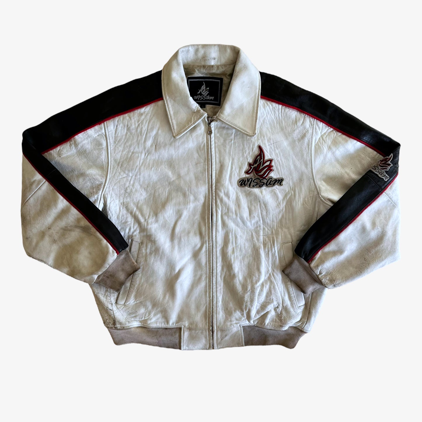 Vintage 90s AL Wissam White Leather Varsity Jacket With Back Spell Out - Casspios Dream