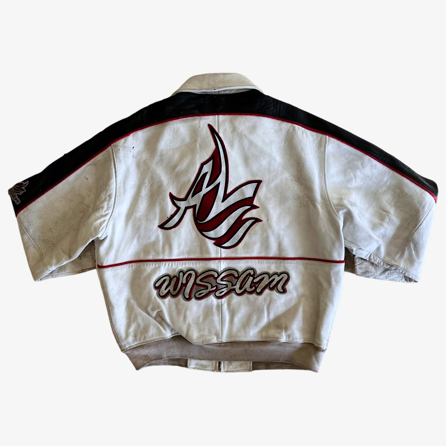 Vintage 90s AL Wissam White Leather Varsity Jacket With Back Spell Out Back - Casspios Dream