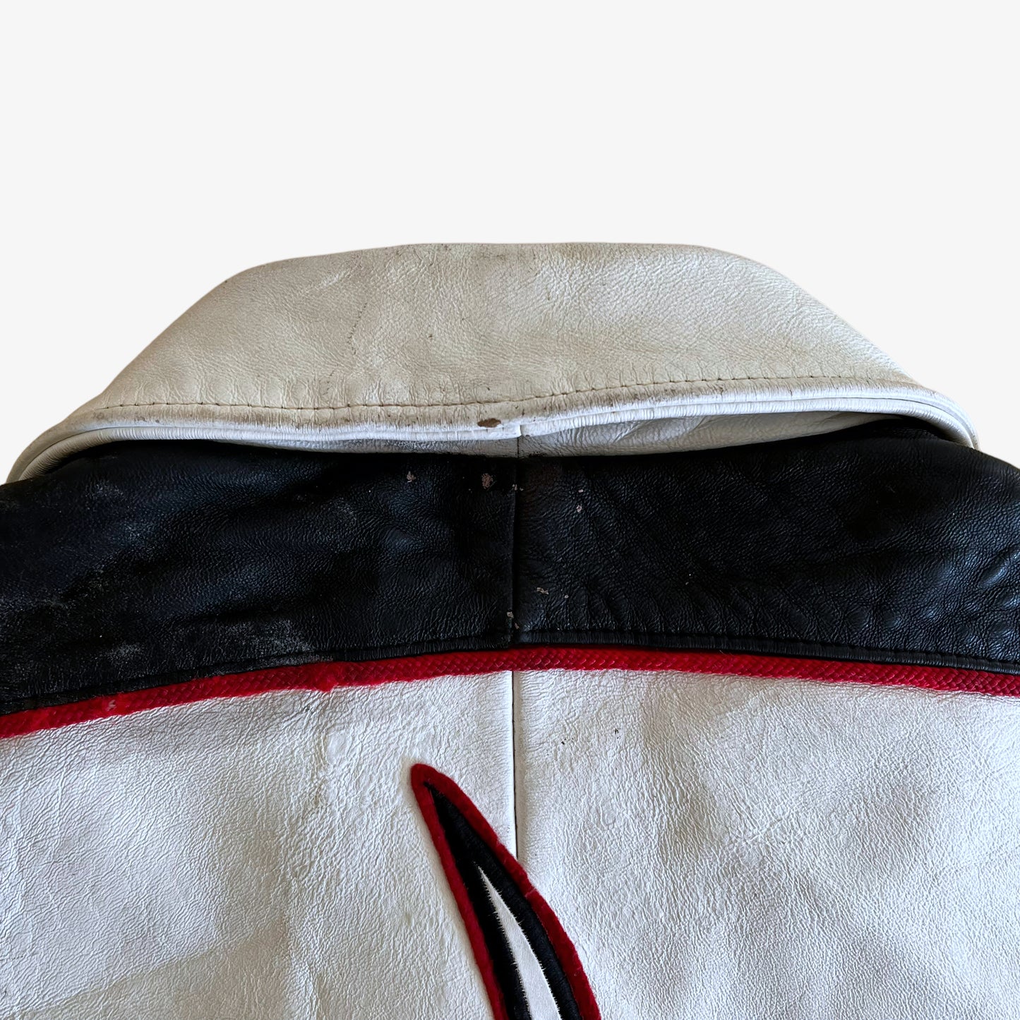 Vintage 90s AL Wissam White Leather Varsity Jacket With Back Spell Out Back Collar - Casspios Dream