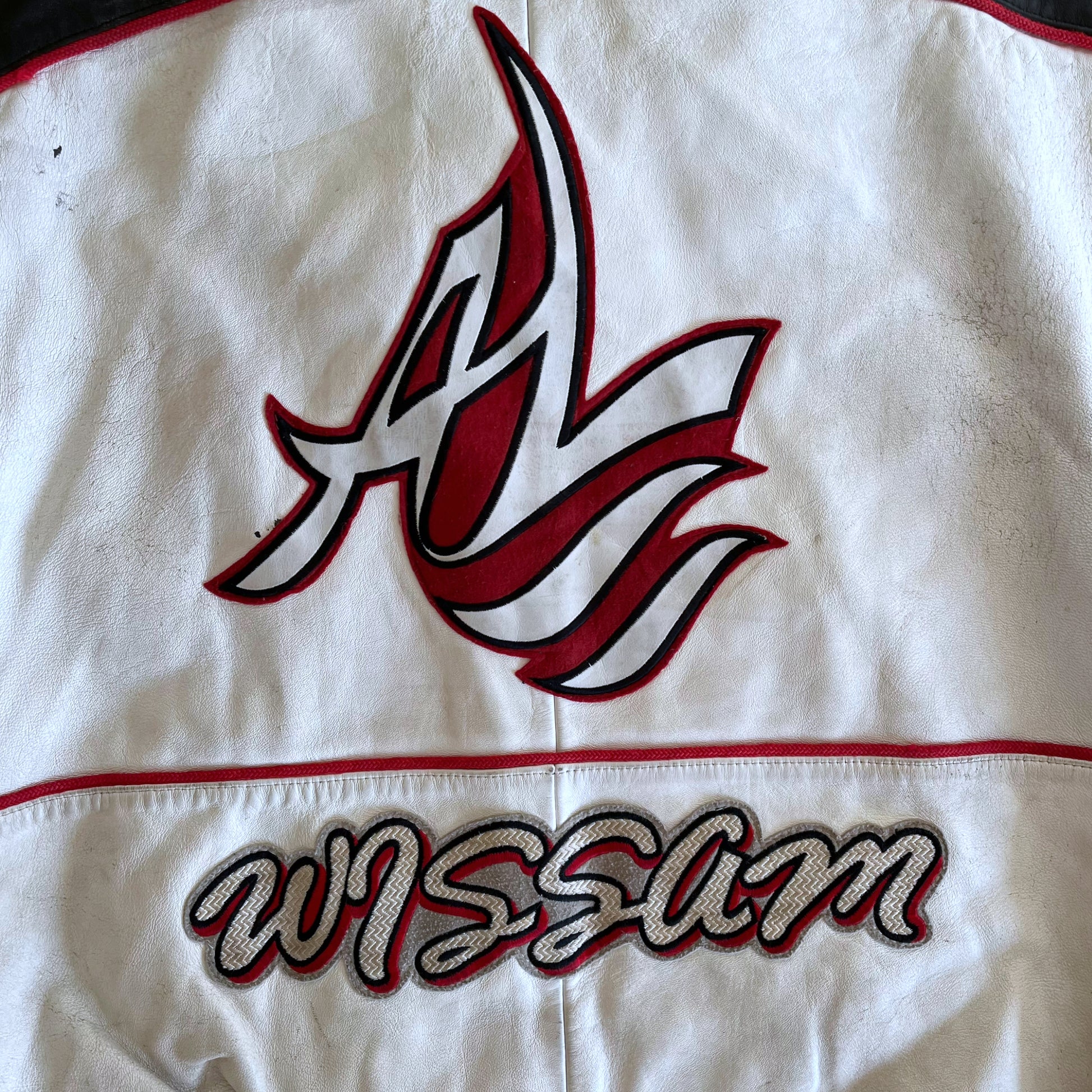 Vintage 90s AL Wissam White Leather Varsity Jacket With Back Spell Out Back Logo - Casspios Dream