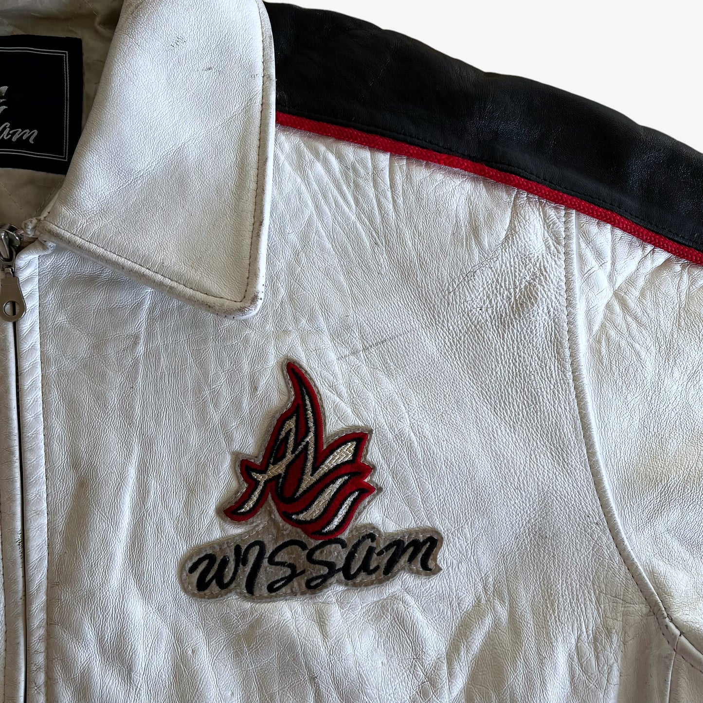 Vintage 90s AL Wissam White Leather Varsity Jacket With Back Spell Out Badge - Casspios Dream