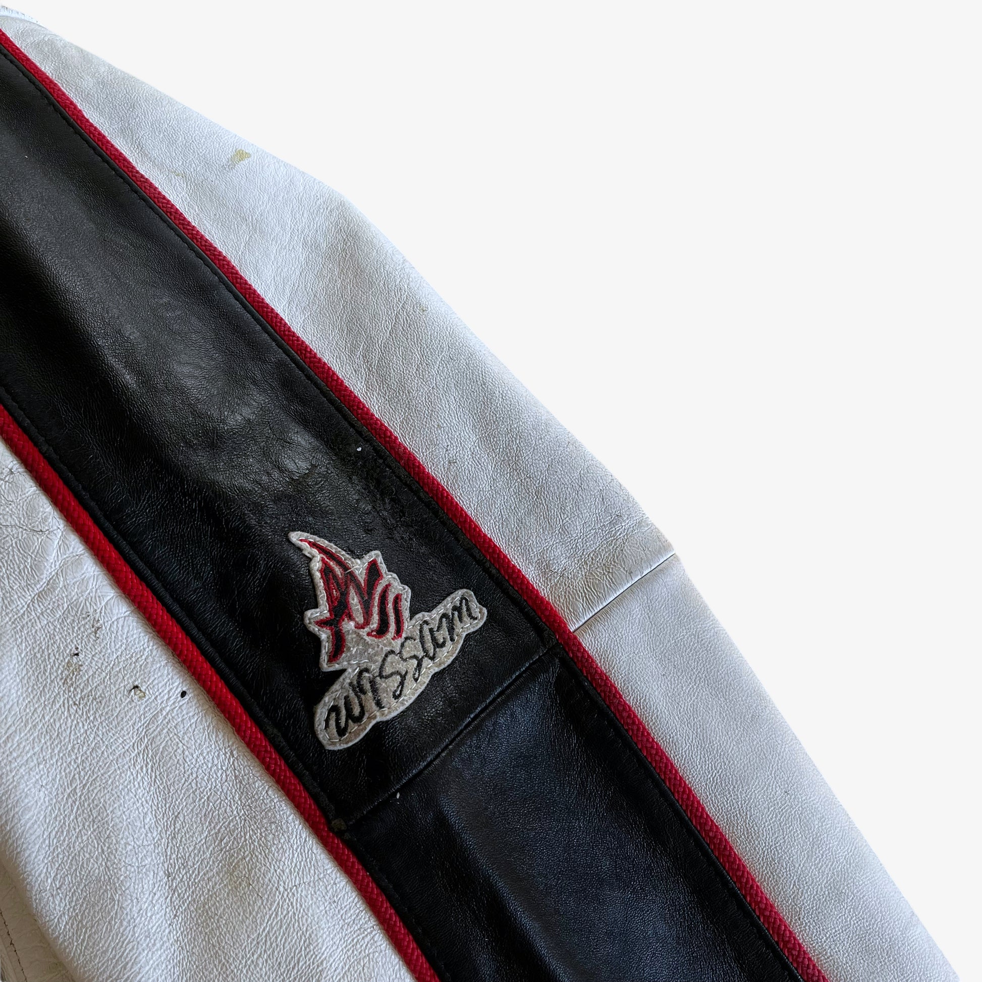 Vintage 90s AL Wissam White Leather Varsity Jacket With Back Spell Out Crest - Casspios Dream