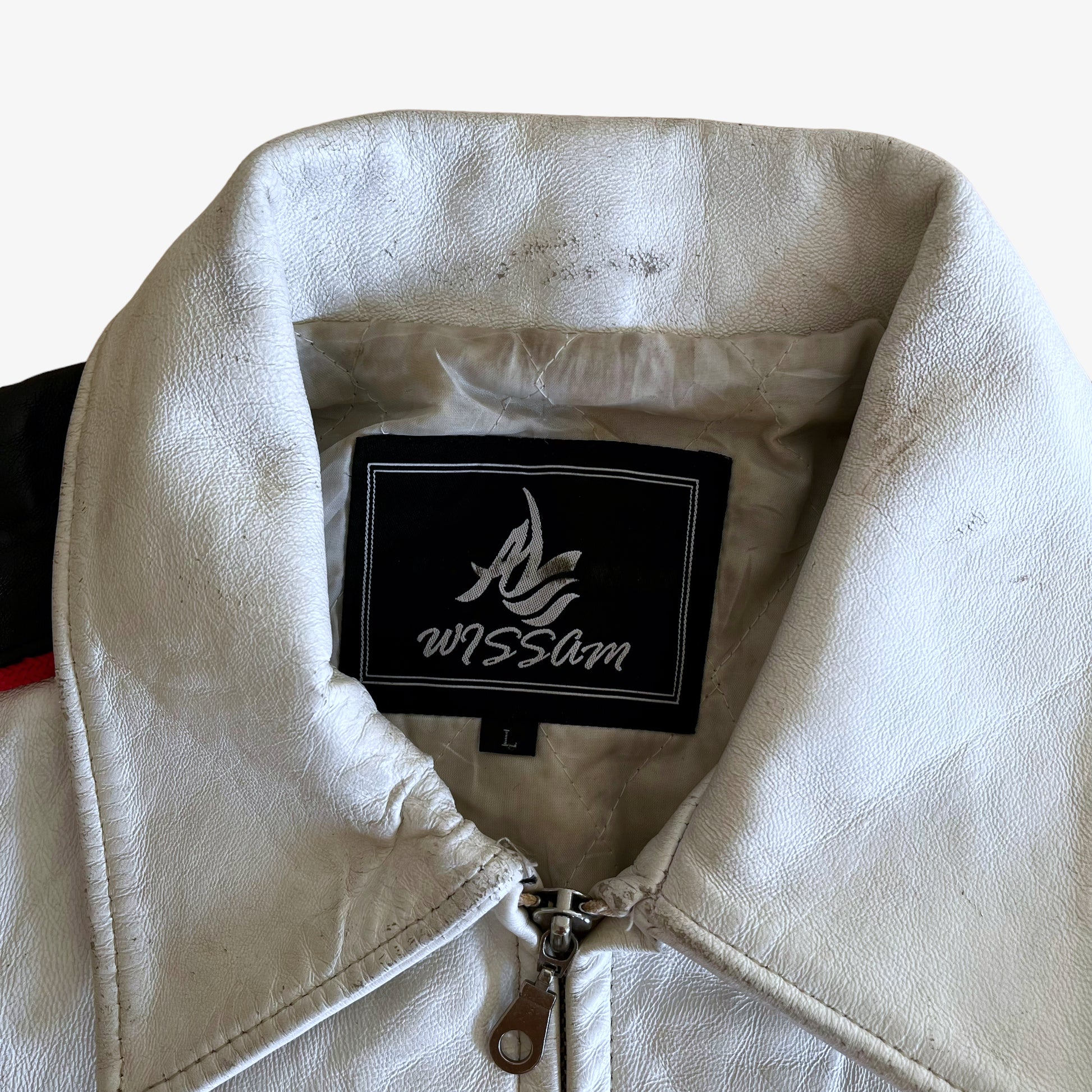 Vintage 90s AL Wissam White Leather Varsity Jacket With Back Spell Out Label - Casspios Dream