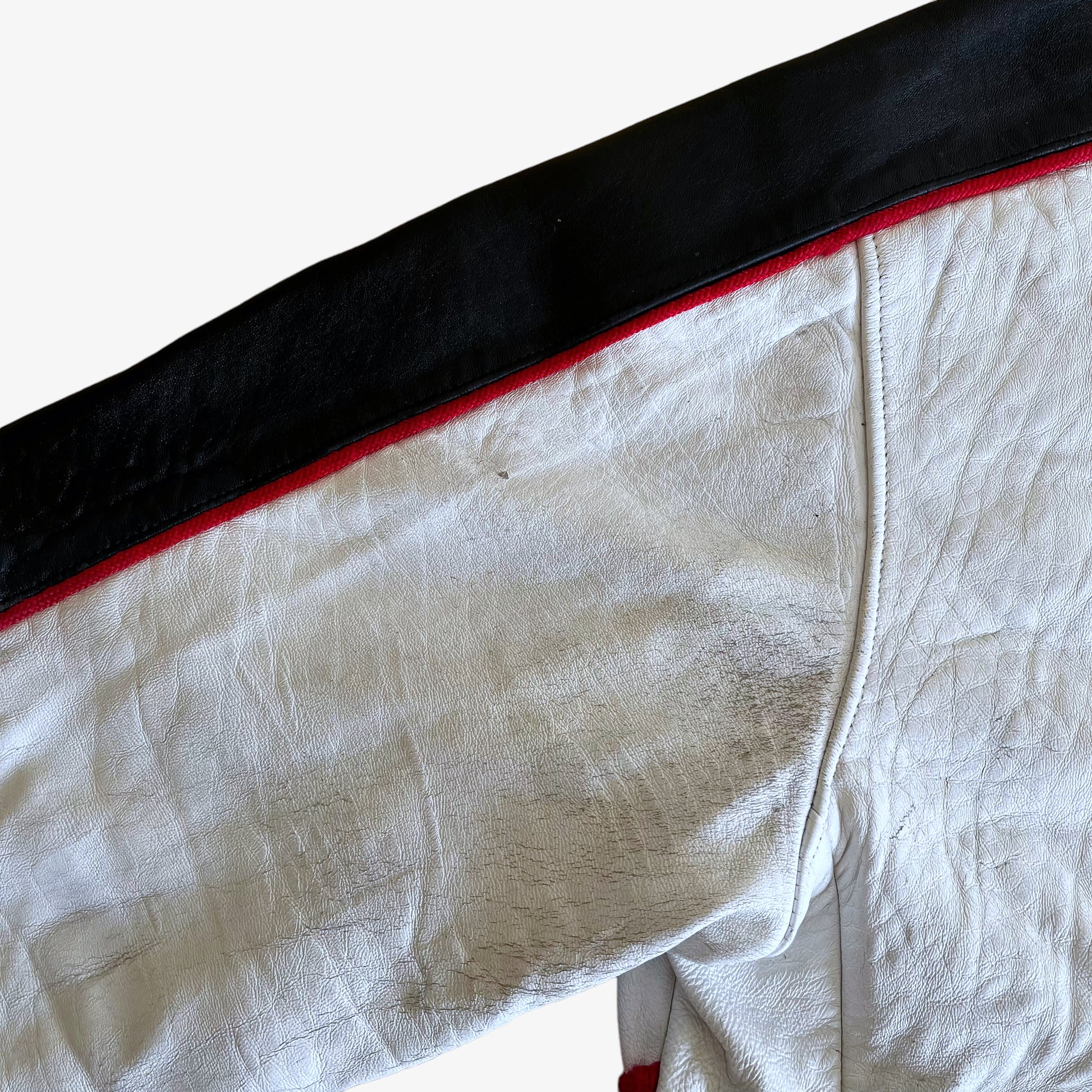 Vintage 90s AL Wissam White Leather Varsity Jacket With Back Spell Out Marks - Casspios Dream