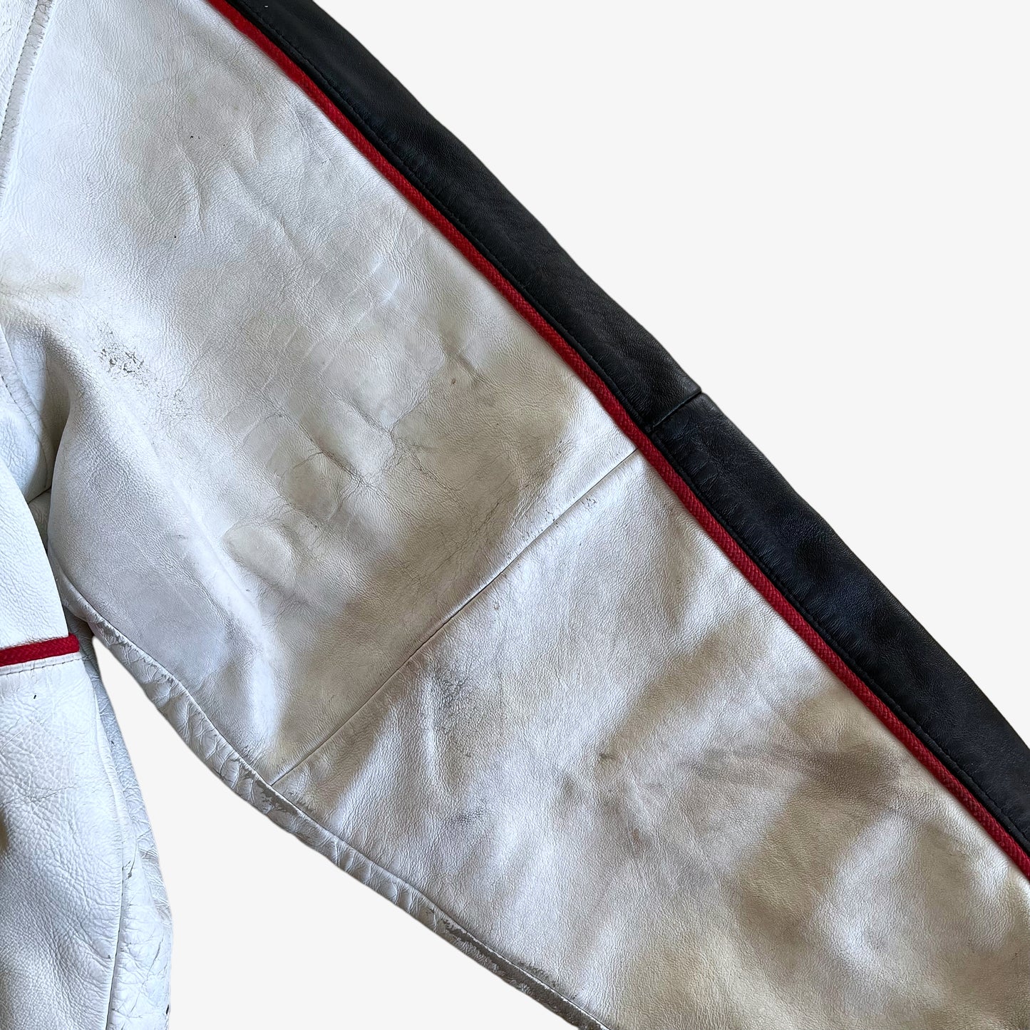 Vintage 90s AL Wissam White Leather Varsity Jacket With Back Spell Out Sleeve Wear - Casspios Dream