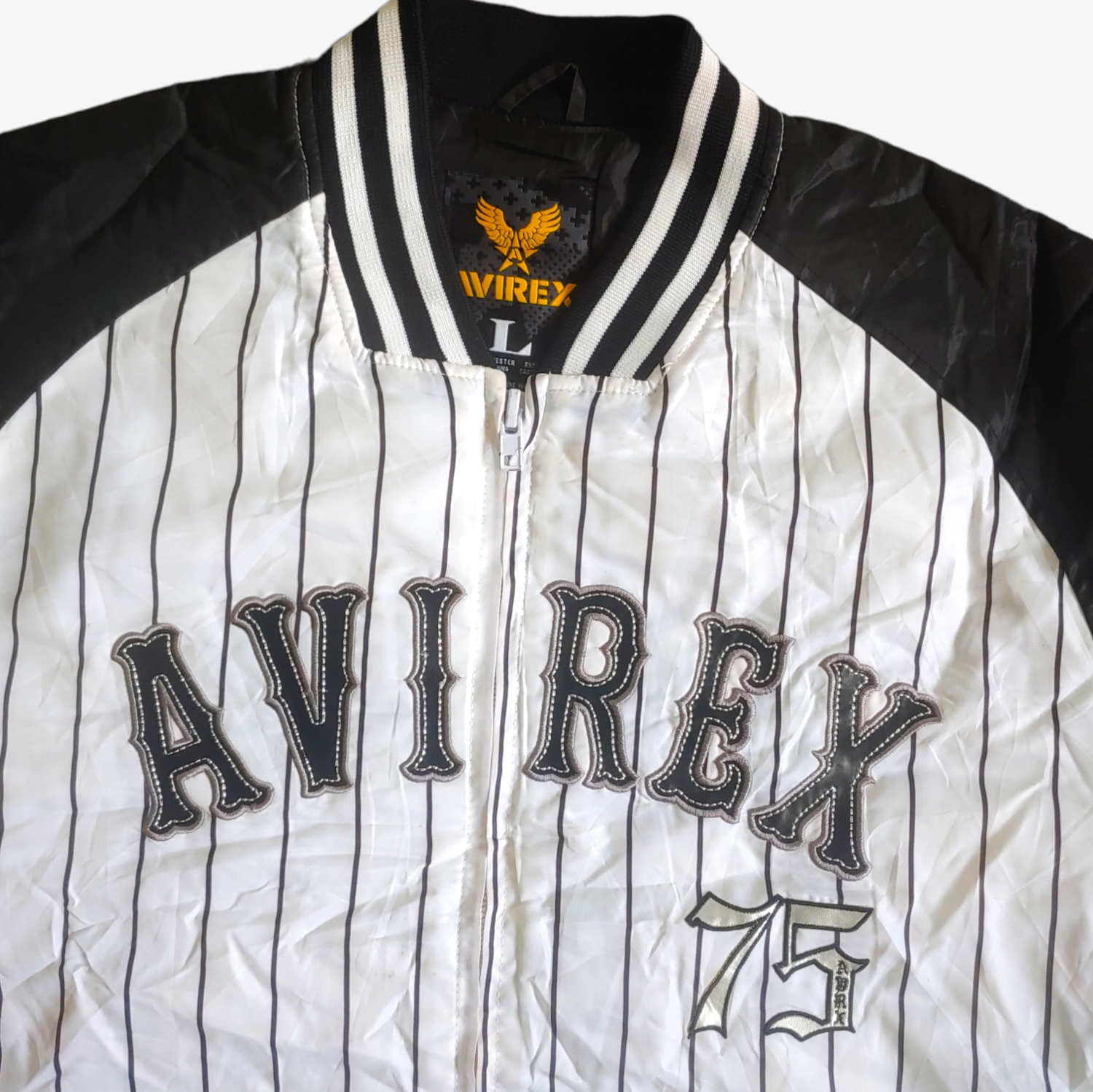 Vintage 90s AVIREX 75 Pinstripe Baseball Varsity Jacket Spell Out Logo - Casspios Dream