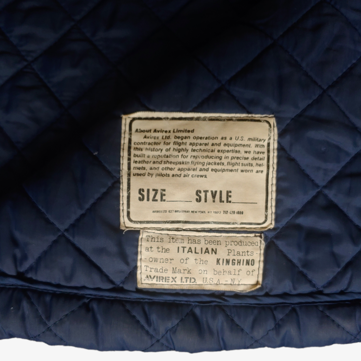 Vintage 90s AVIREX Quilted Padded Navy Pilot Jacket Inside Label - Casspios Dream