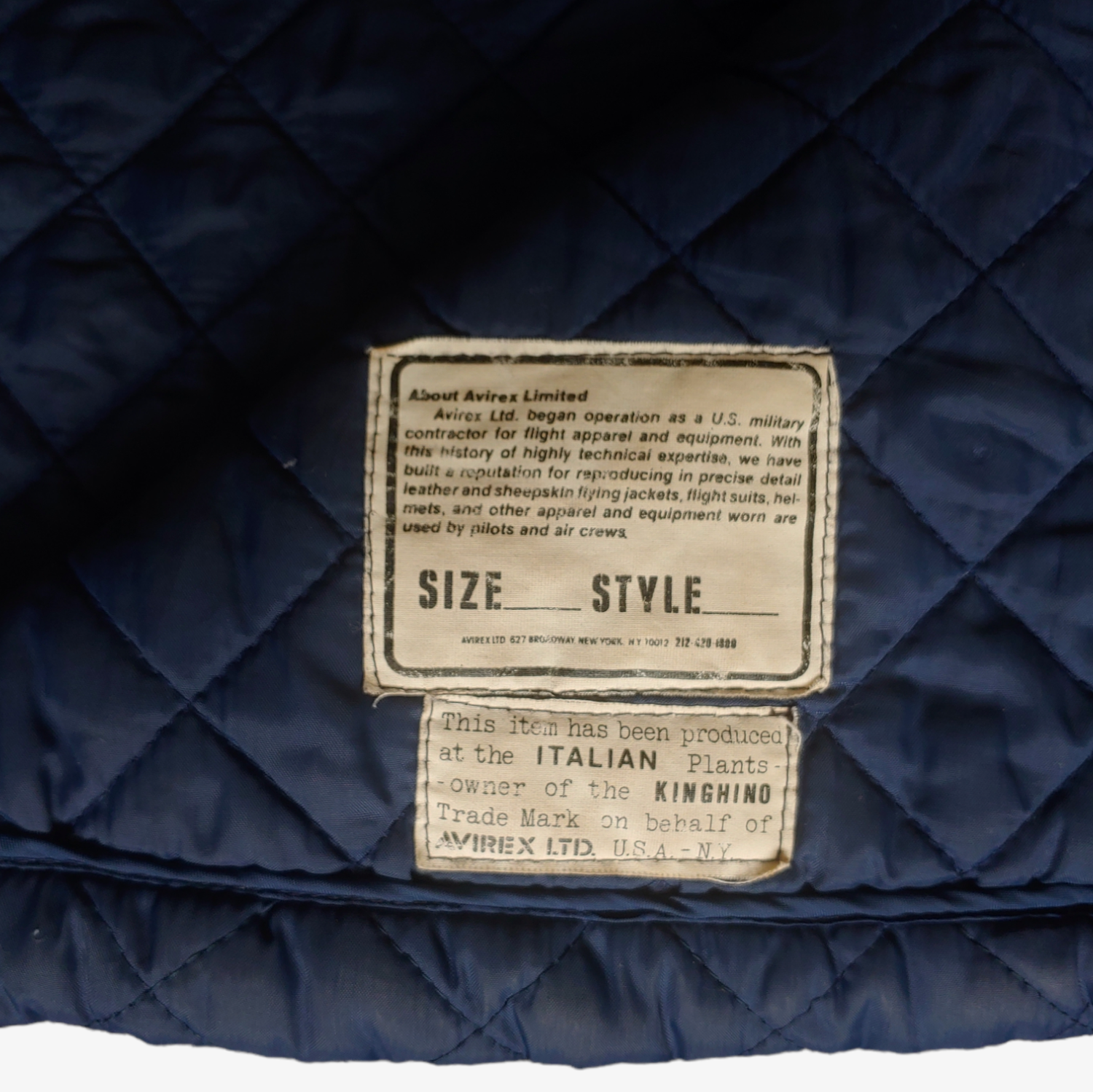 Vintage 90s AVIREX Quilted Padded Navy Pilot Jacket Inside Label - Casspios Dream