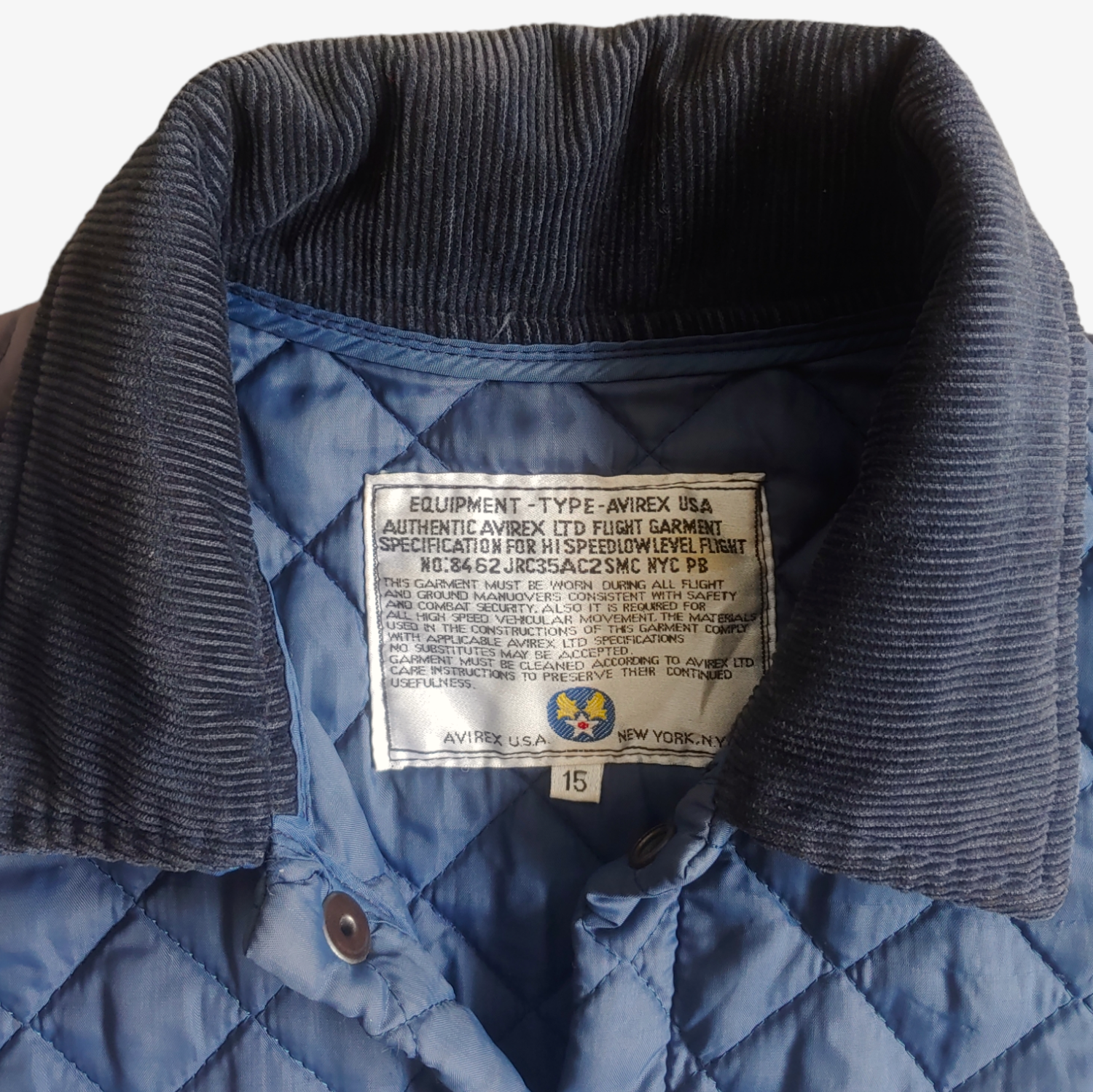 Vintage 90s AVIREX Quilted Padded Navy Pilot Jacket Label - Casspios Dream
