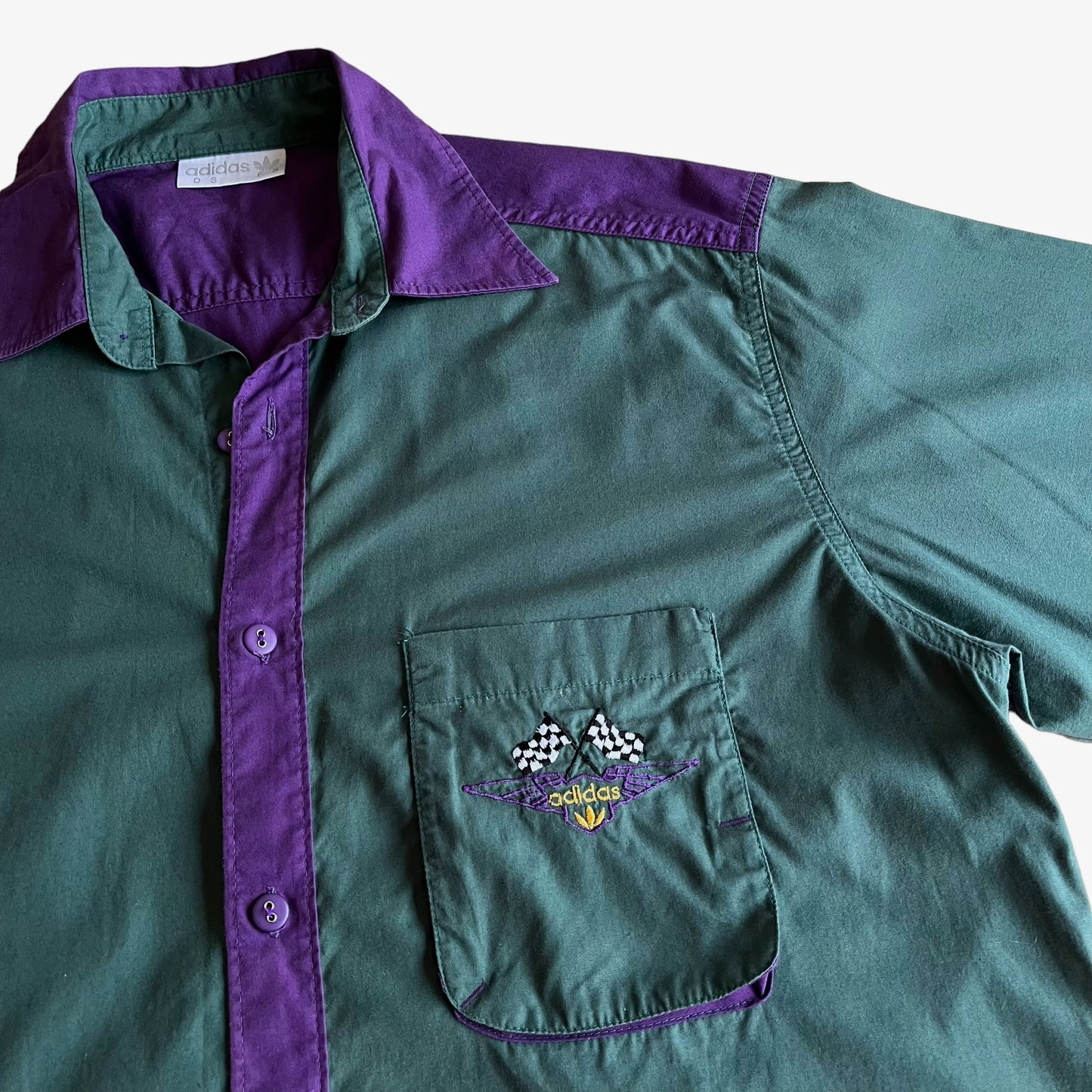 Vintage 90s Adidas Grand Prix Green And Purple Short Sleeve Shirt Pocket - Casspios Dream