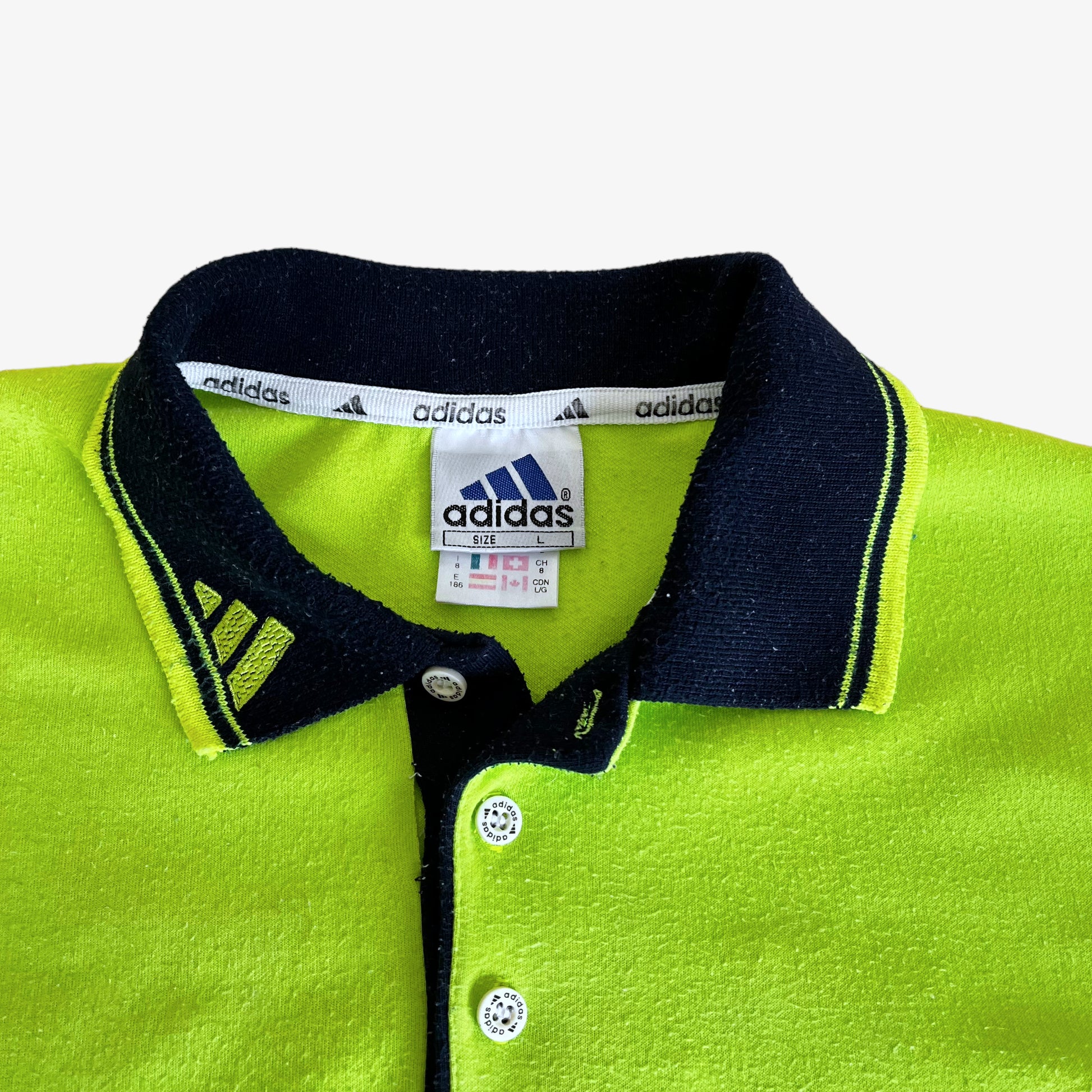 Vintage 90s Adidas Lime Green Rugby Shirt With Back Spell Out Label - Casspios Dream