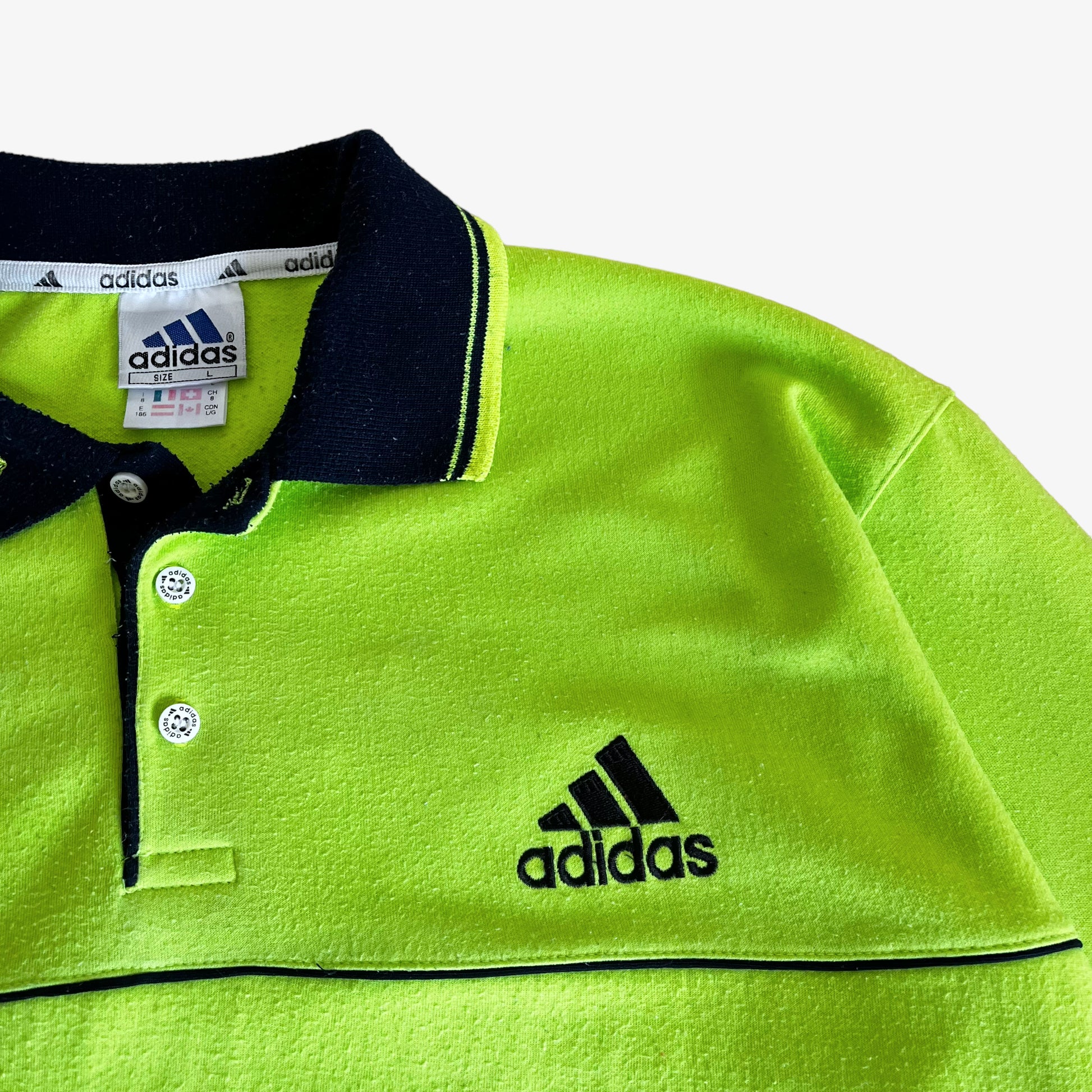 Vintage 90s Adidas Lime Green Rugby Shirt With Back Spell Out Logo - Casspios Dream