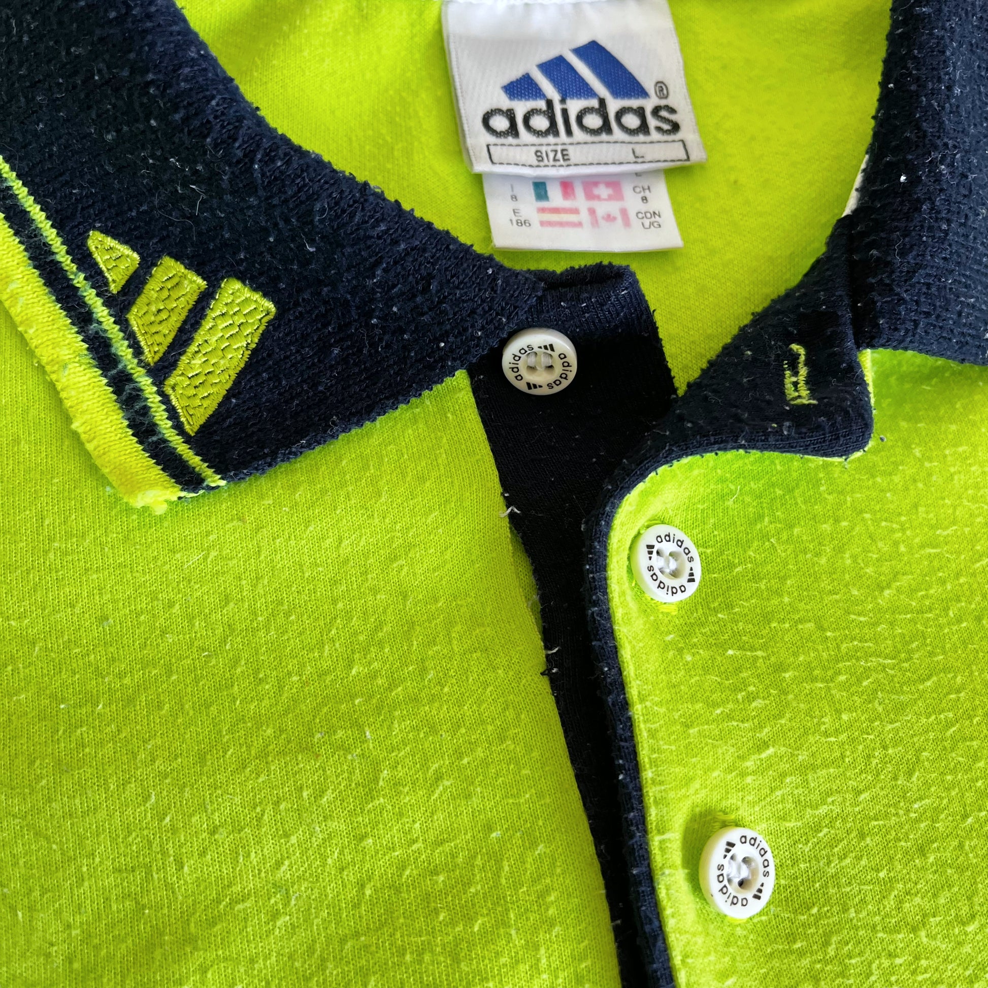 Vintage 90s Adidas Lime Green Rugby Shirt With Back Spell Out Rip - Casspios Dream