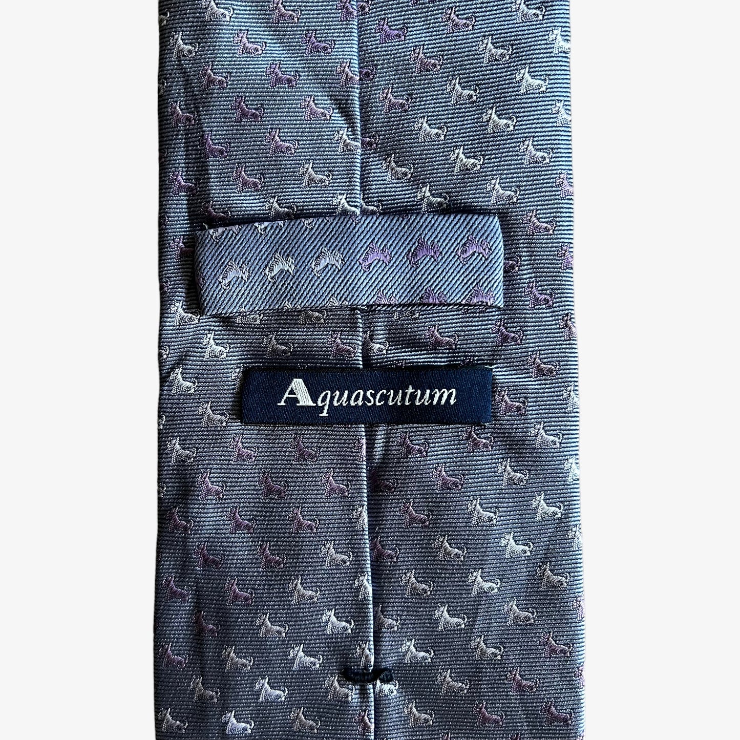 Vintage 90s Aquascutum Dog Geometric Print Silver Silk Tie Label - Casspios Dream