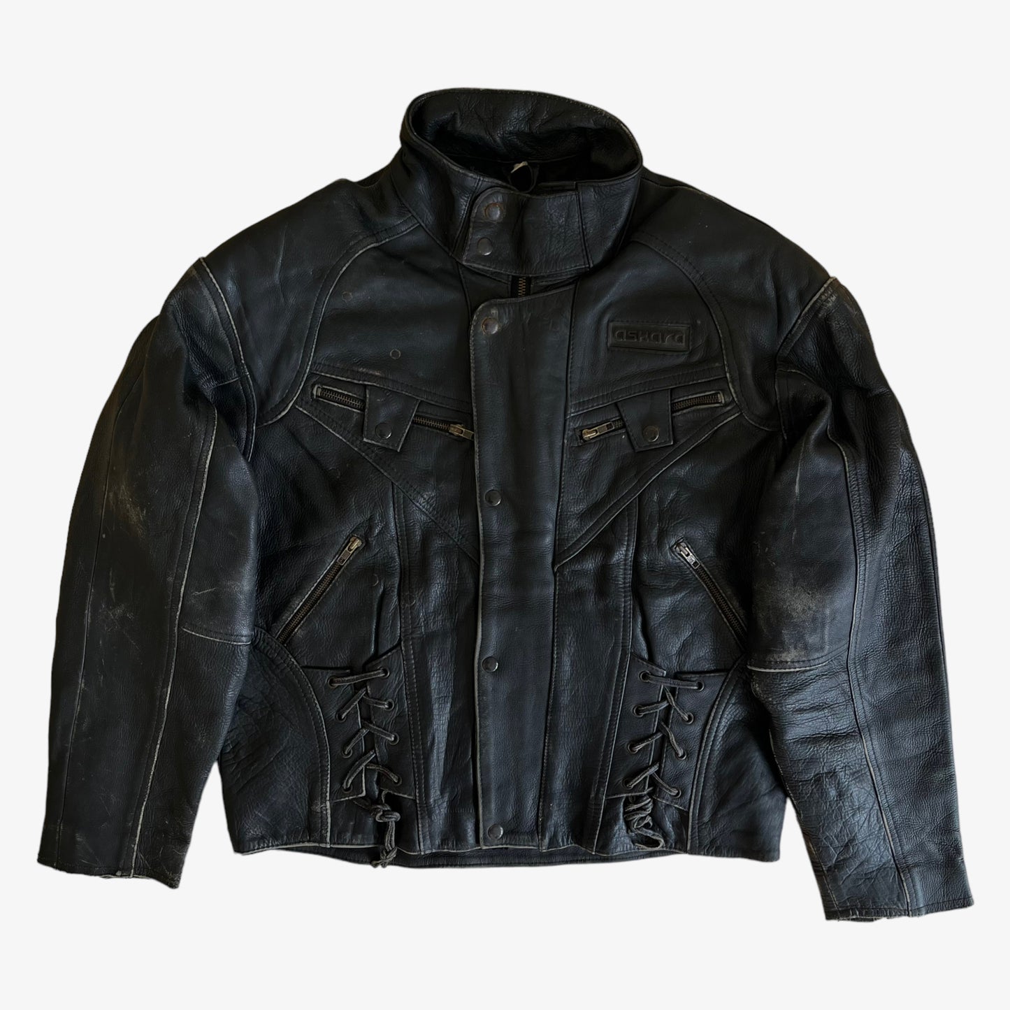 Vintage 90s Askara Paris Black Leather Biker Jacket With Big Back Embroidered Bull - Casspios Dream