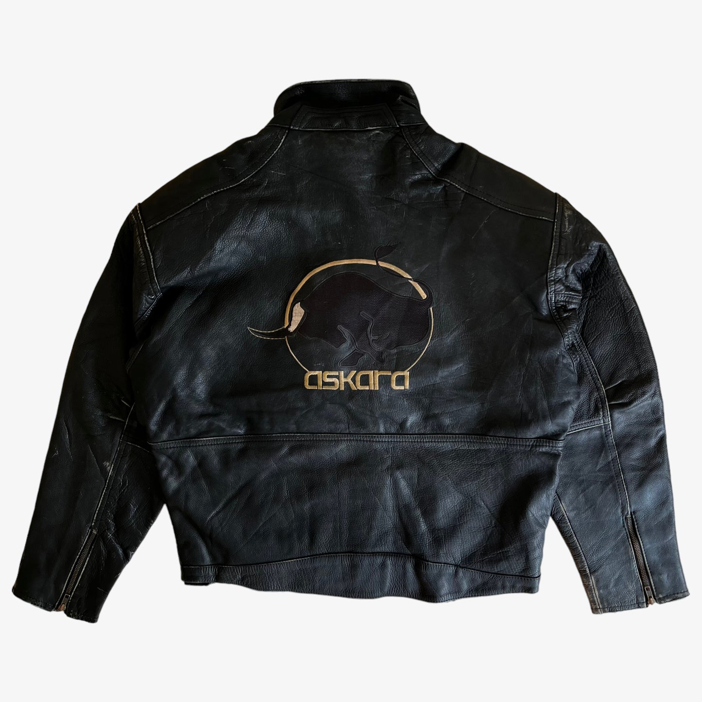 Vintage 90s Askara Paris Black Leather Biker Jacket With Big Back Embroidered Bull Back - Casspios Dream