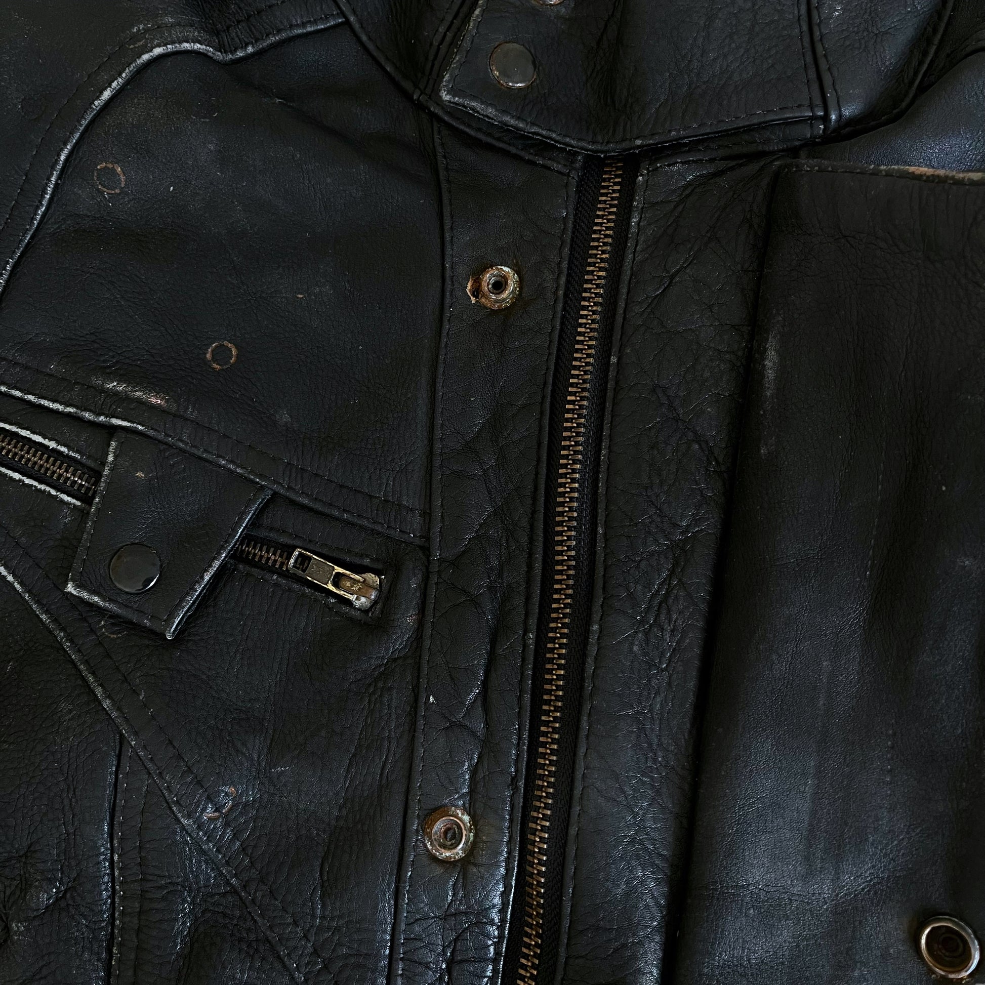 Vintage 90s Askara Paris Black Leather Biker Jacket With Big Back Embroidered Bull Buttons - Casspios Dream