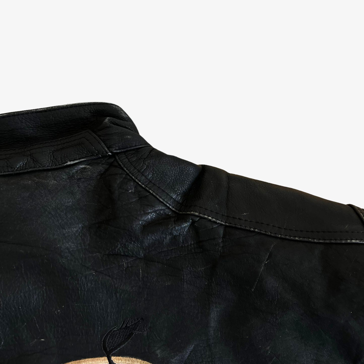 Vintage 90s Askara Paris Black Leather Biker Jacket With Big Back Embroidered Bull Collar Wear - Casspios Dream