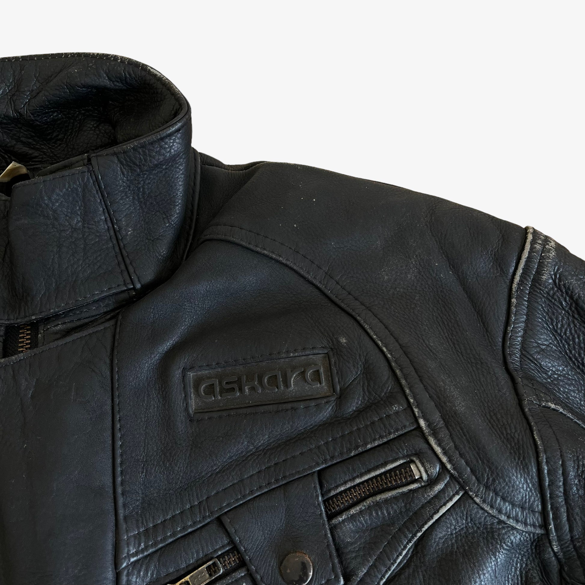 Vintage 90s Askara Paris Black Leather Biker Jacket With Big Back Embroidered Bull Logo - Casspios Dream