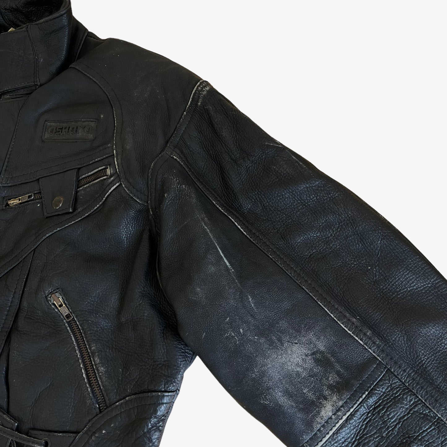 Vintage 90s Askara Paris Black Leather Biker Jacket With Big Back Embroidered Bull Pit - Casspios Dream