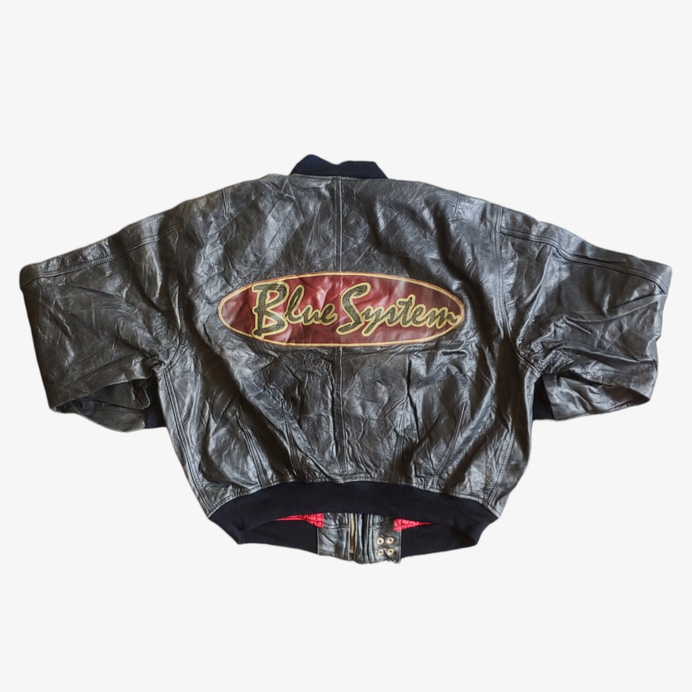 Vintage 90s Blue System Black Leather Racing Biker Jacket Back - Casspios Dream