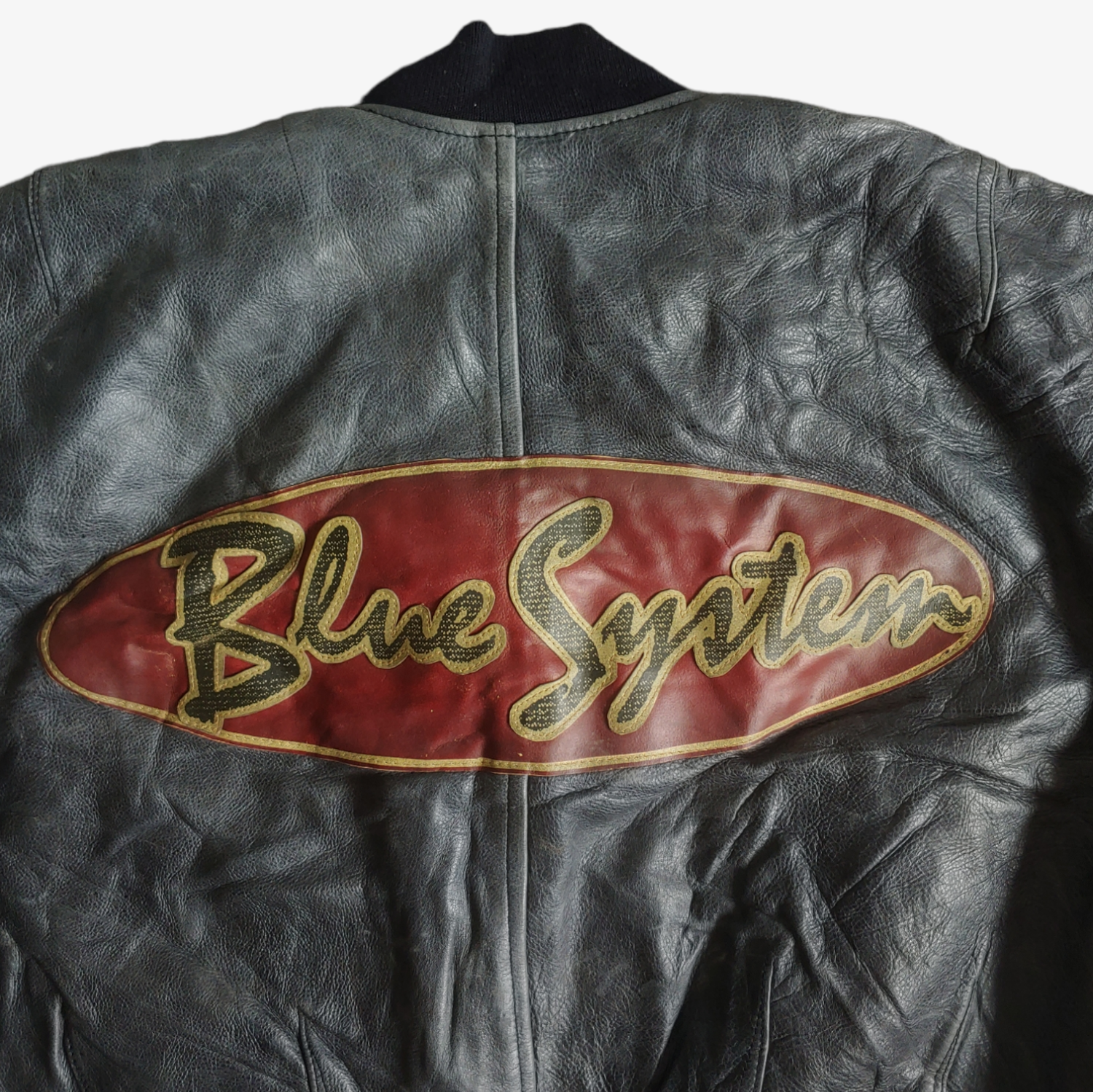 Vintage 90s Blue System Navy Leather Racing Biker Jacket Back Logo - Casspios Dream