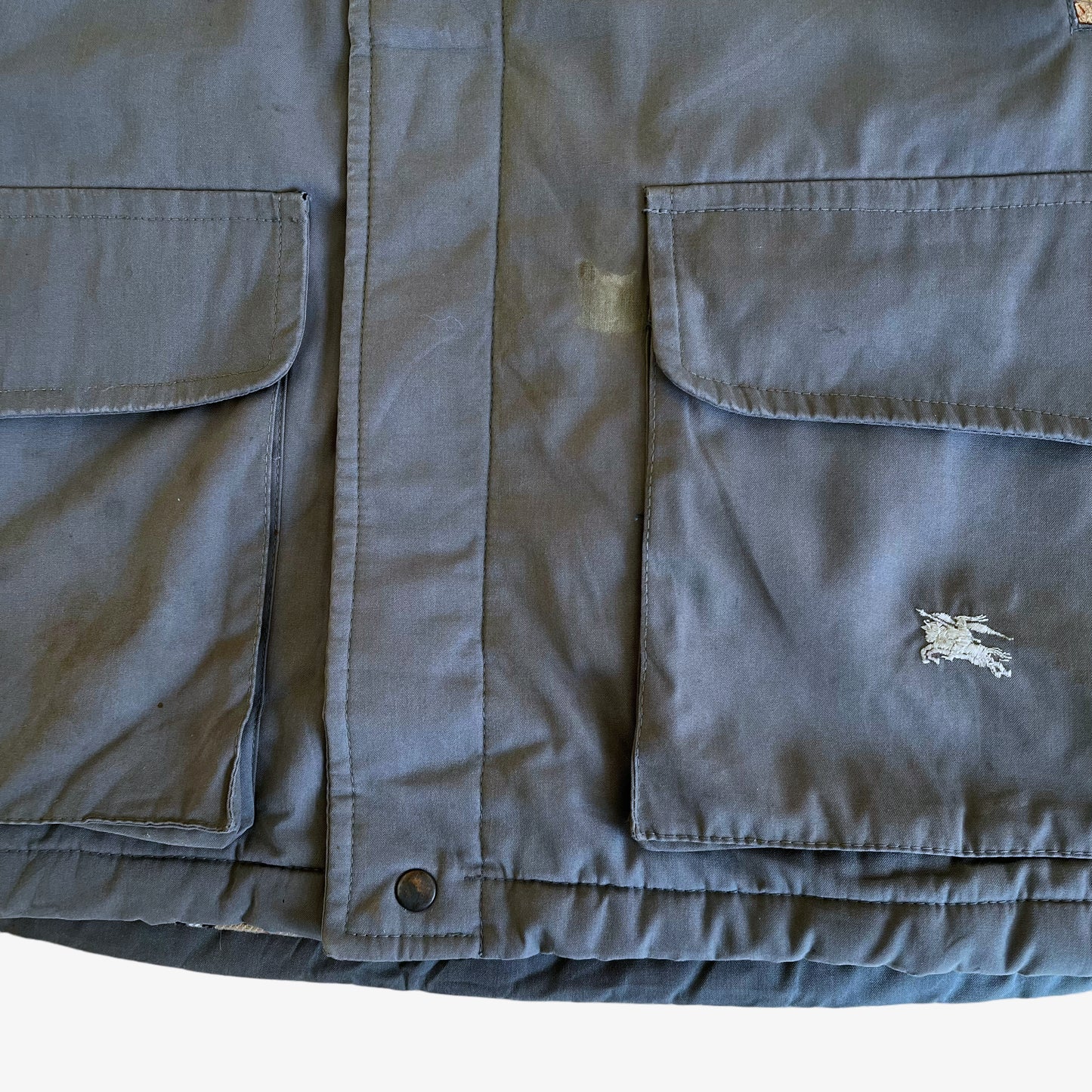 Vintage 90s Burberry Grey Utility Jacket With Brown Leather Trim Logo - Casspios Dream