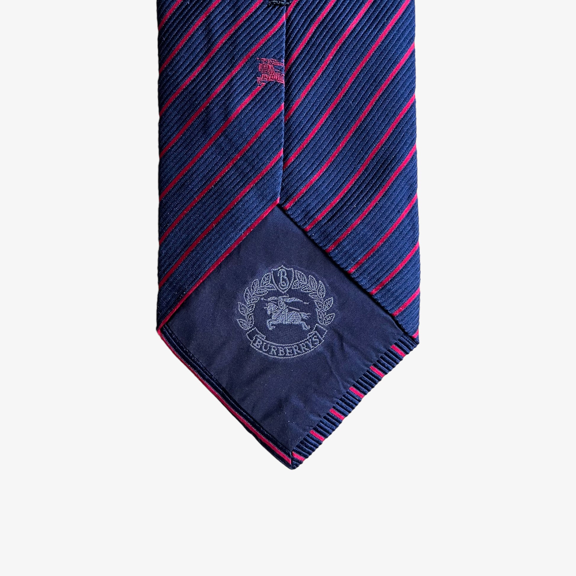 Vintage 90s Burberry Navy Red Striped Silk Tie With Knight Logo Back - Casspios Dream