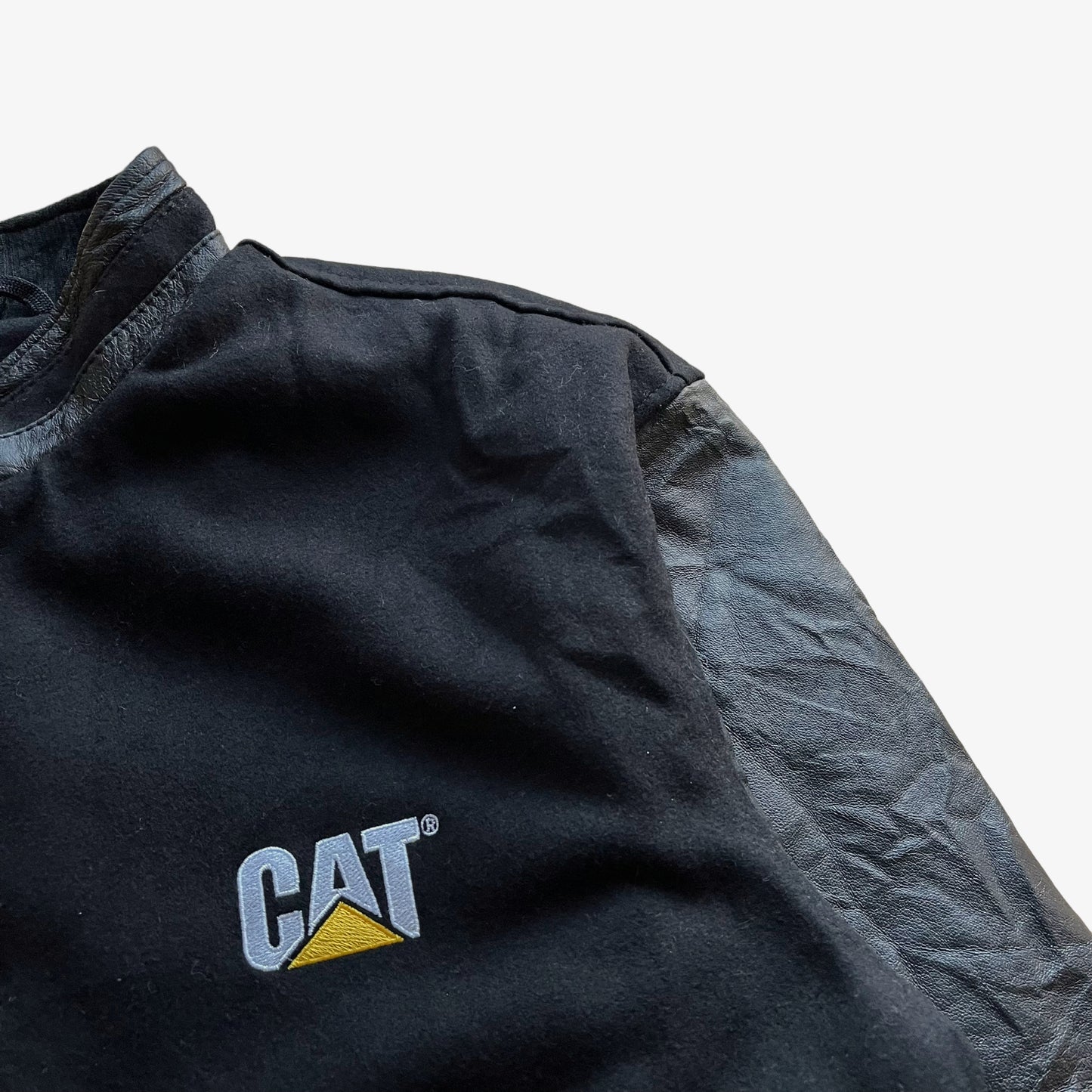 Vintage 90s CAT Black Leather Varsity Jacket Logo - Casspios Dream