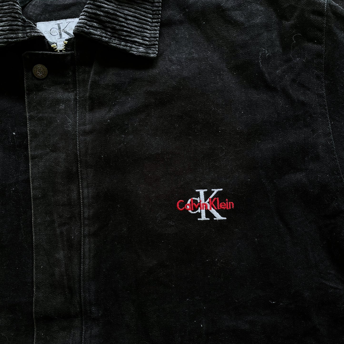Vintage 90s Calvin Klein Workwear Coat With Back Spell Out Logo Front - Casspios Dream