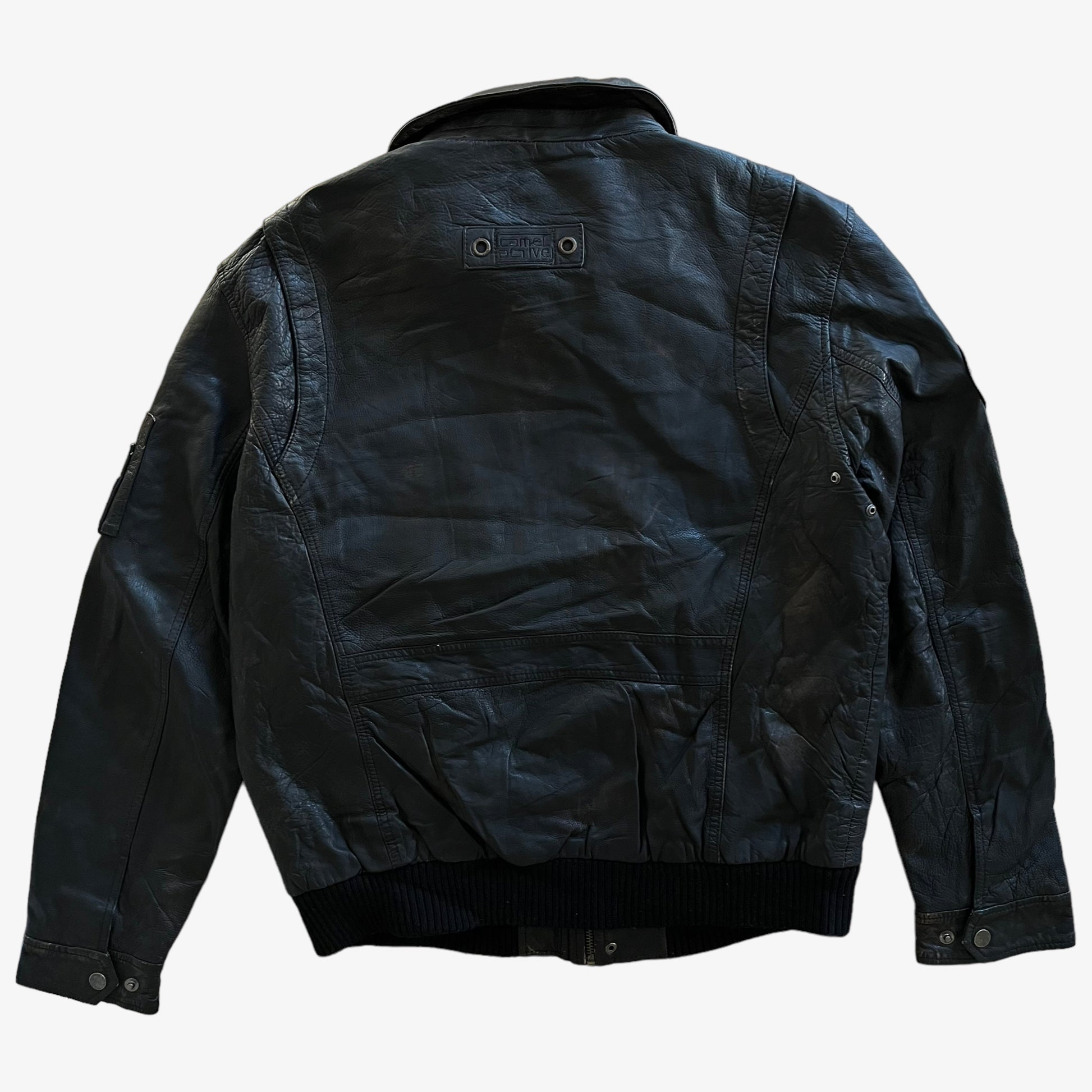 Vintage 90s Camel Active Black Leather Utility Jacket Back - Casspios Dream