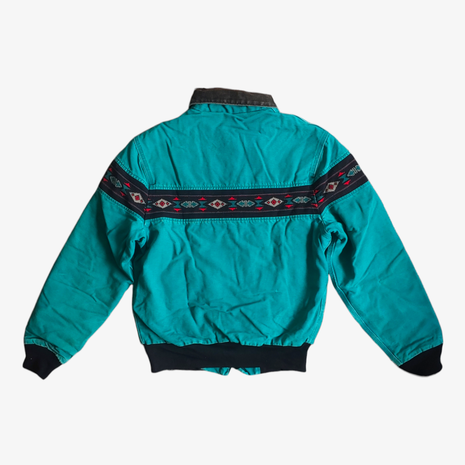 Vintage 90s Carhartt Aztec Navajo Patterned Turquoise Workwear Jacket Back - Casspios Dream