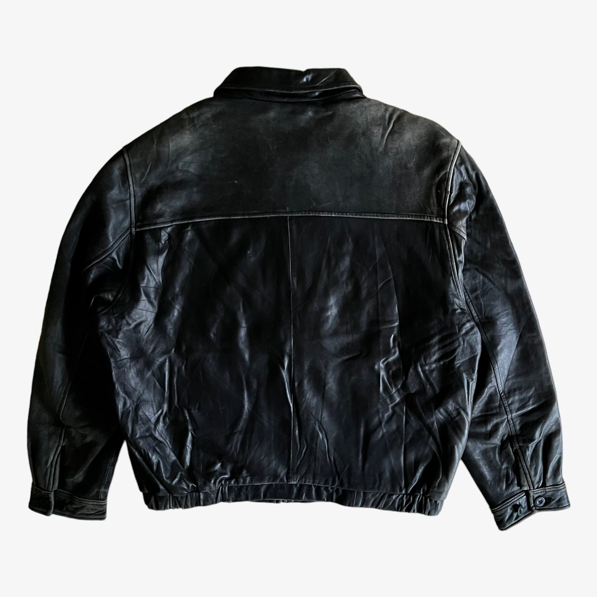 Vintage 90s Chaps Black Leather Driving Jacket Back - Casspios Dream