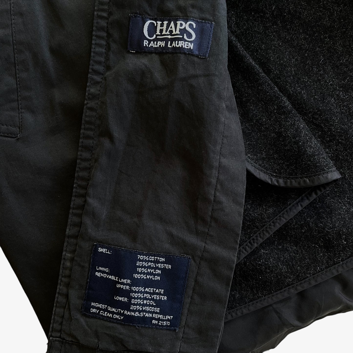 Vintage 90s Chaps Ralph Lauren Black Trench Coat Inside Label - Casspios Dream