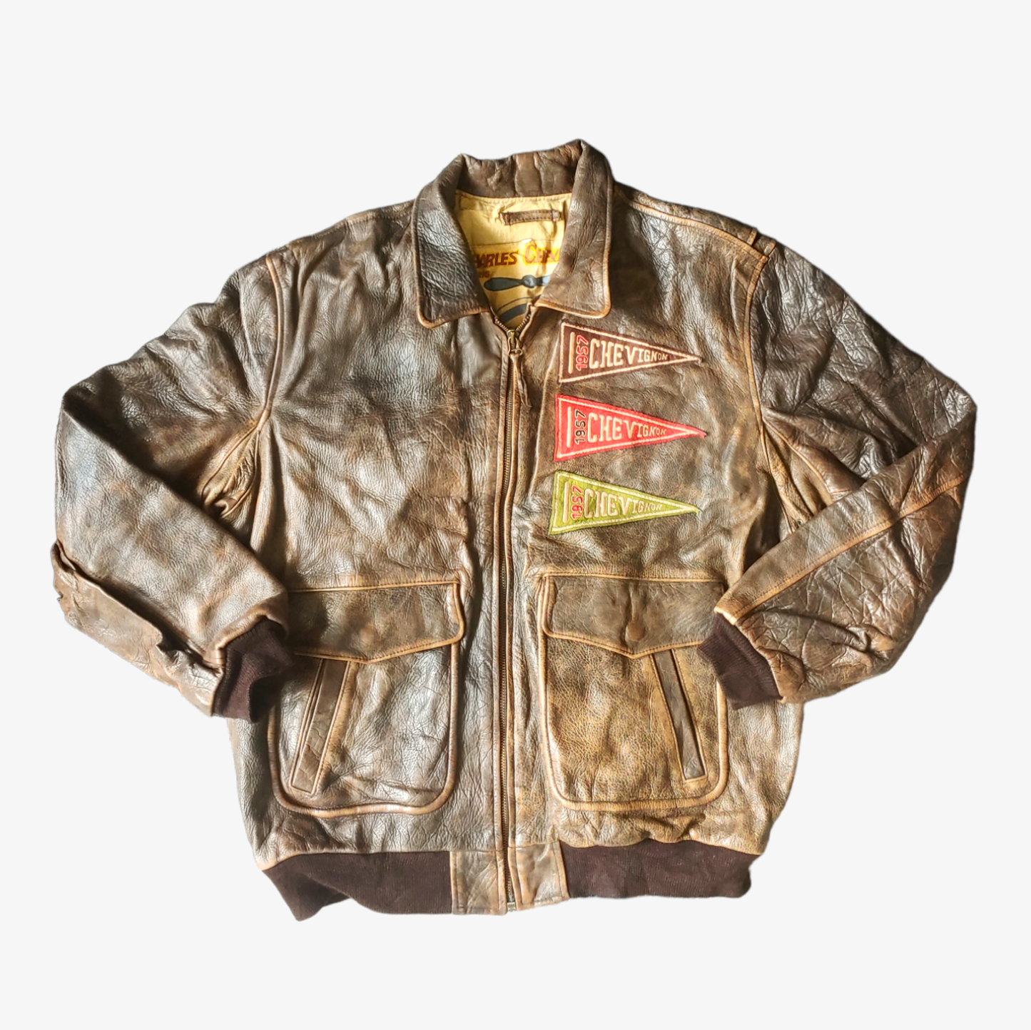 Vintage 90s Chevignon 3 Three Flag Brown Leather Fighter Pilot Jacket - Casspios Dream