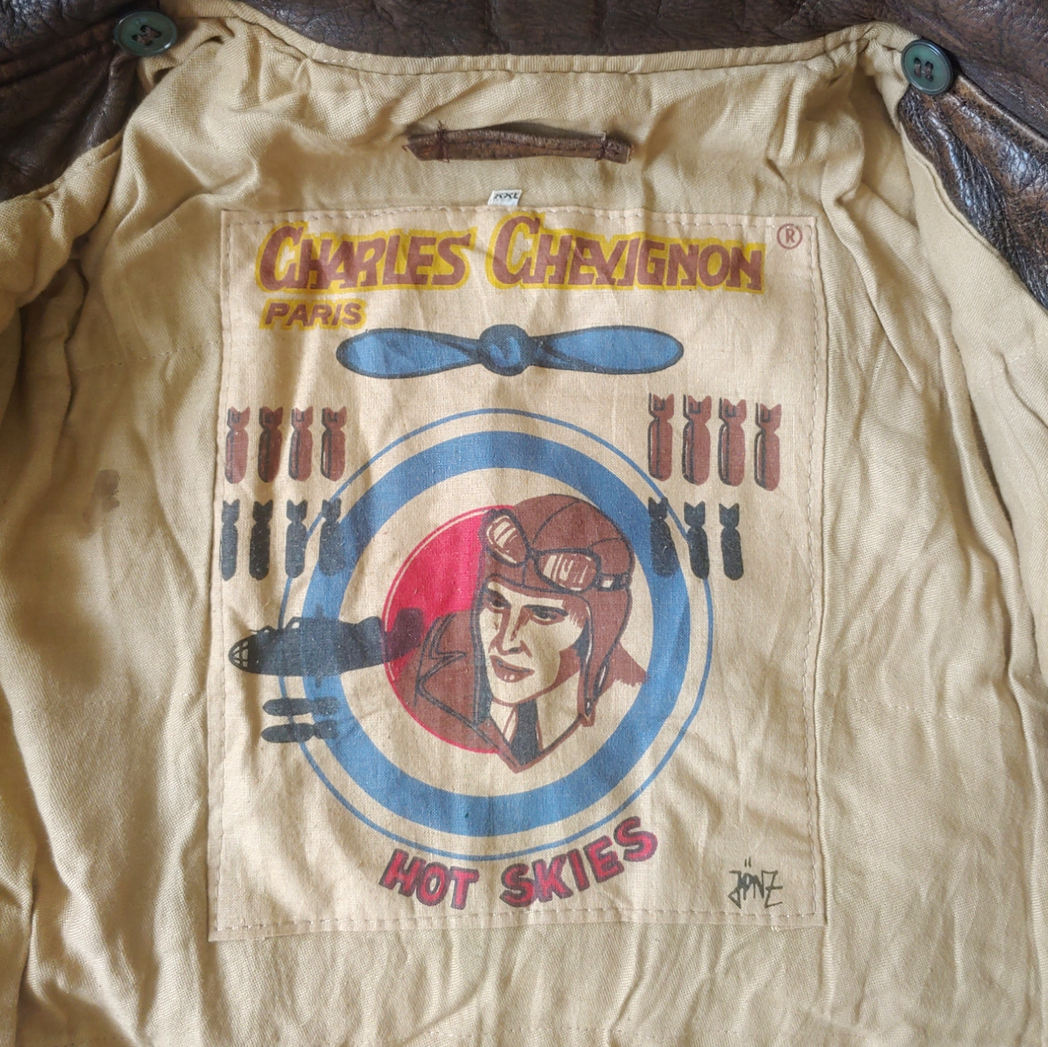 Vintage 90s Chevignon 3 Three Flag Brown Leather Fighter Pilot Jacket Inside - Casspios Dream