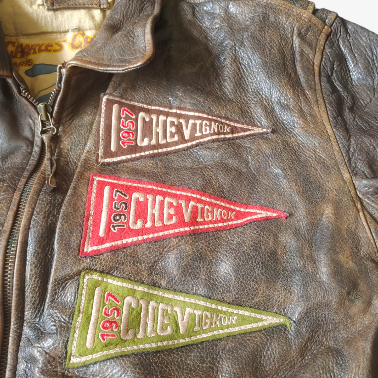 Vintage 90s Chevignon 3 Three Flag Brown Leather Fighter Pilot Jacket Logo - Casspios Dream