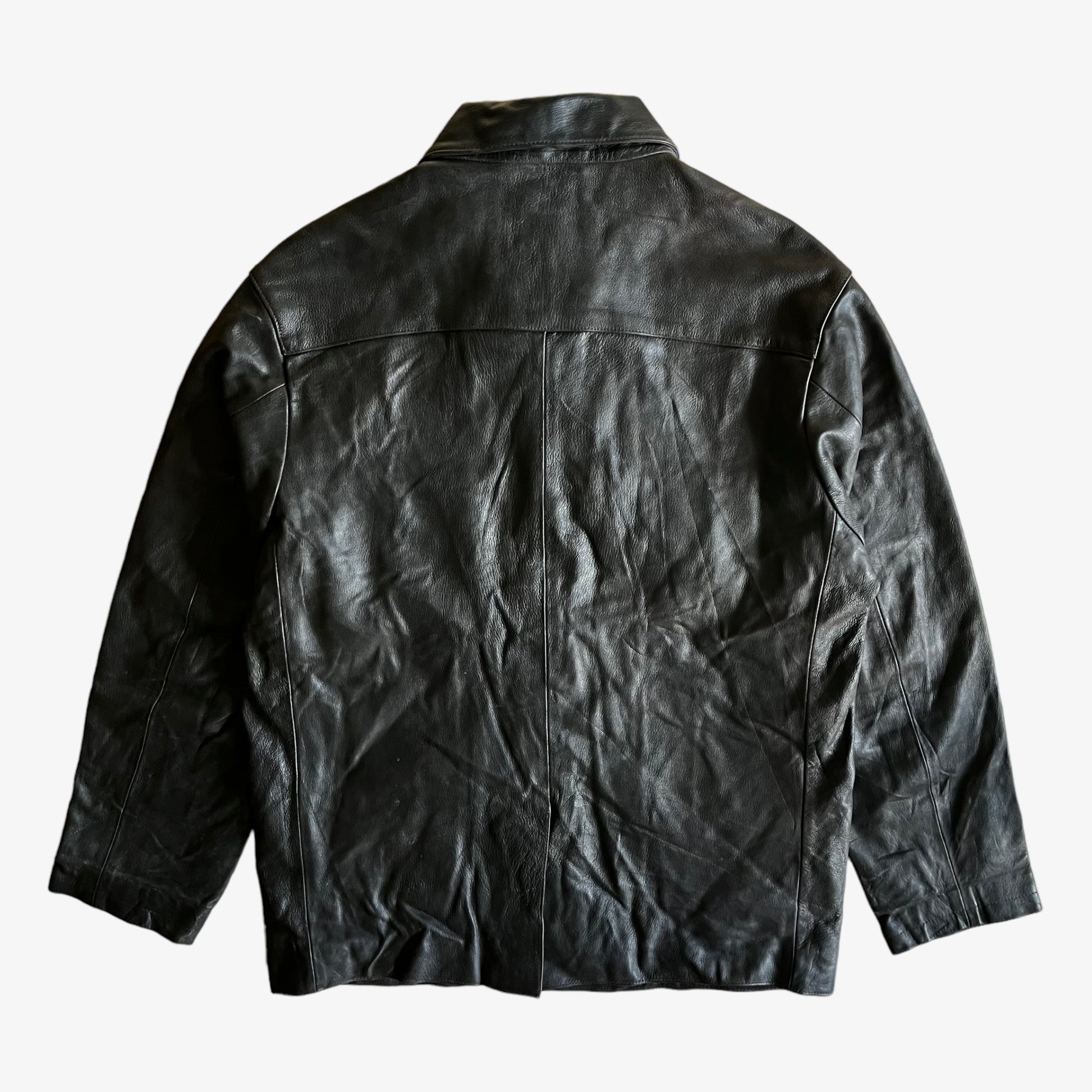 Vintage 90s Chevignon Black Leather Utility Jacket Back - Casspios Dream