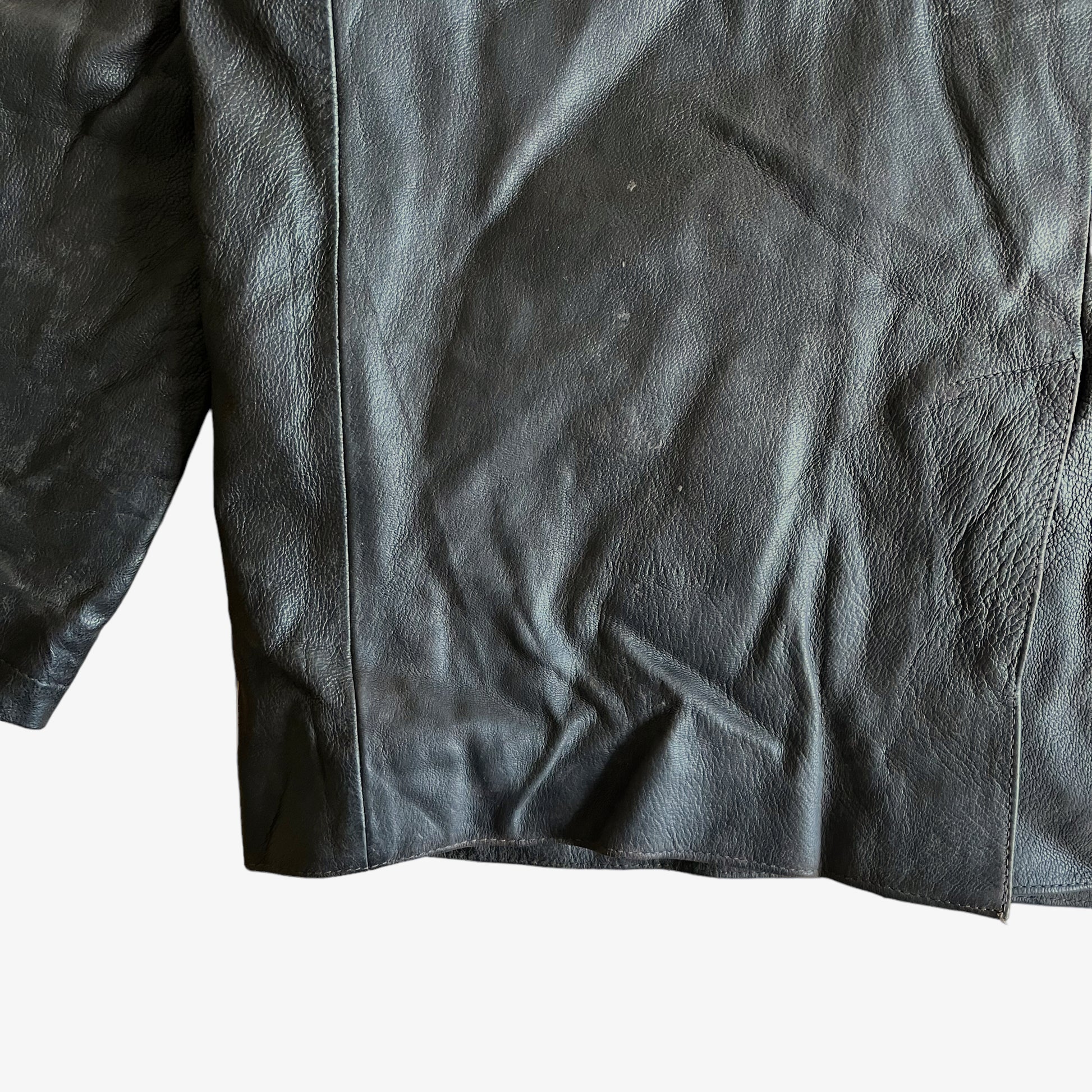 Vintage 90s Chevignon Black Leather Utility Jacket Back Wear - Casspios Dream