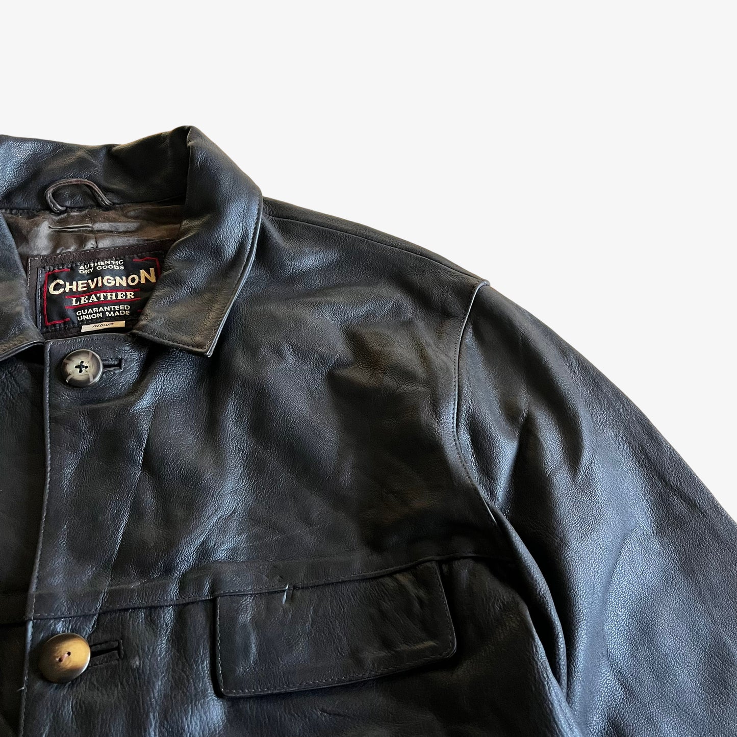 Vintage 90s Chevignon Black Leather Utility Jacket Buttoned - Casspios Dream