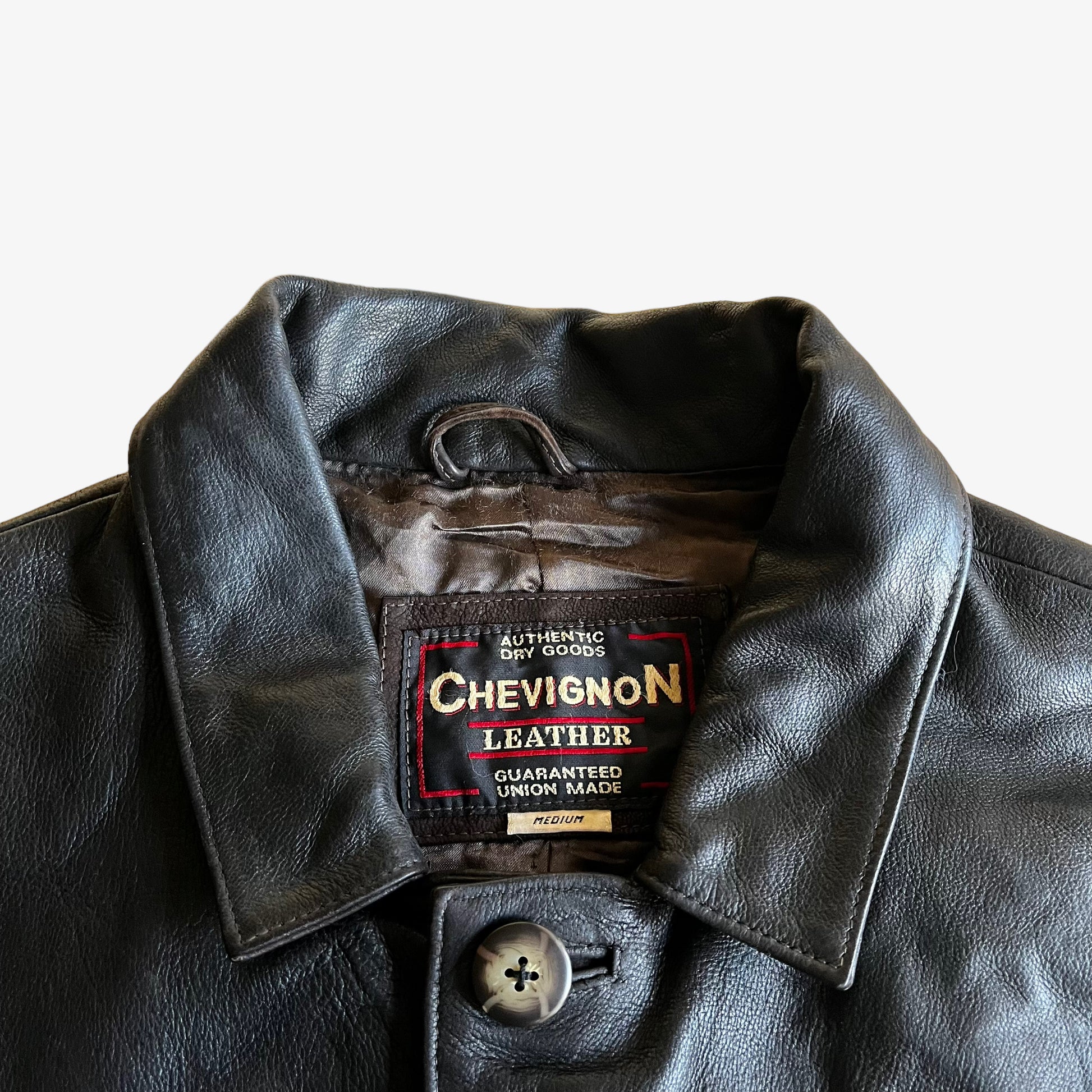 Vintage 90s Chevignon Black Leather Utility Jacket Label - Casspios Dream