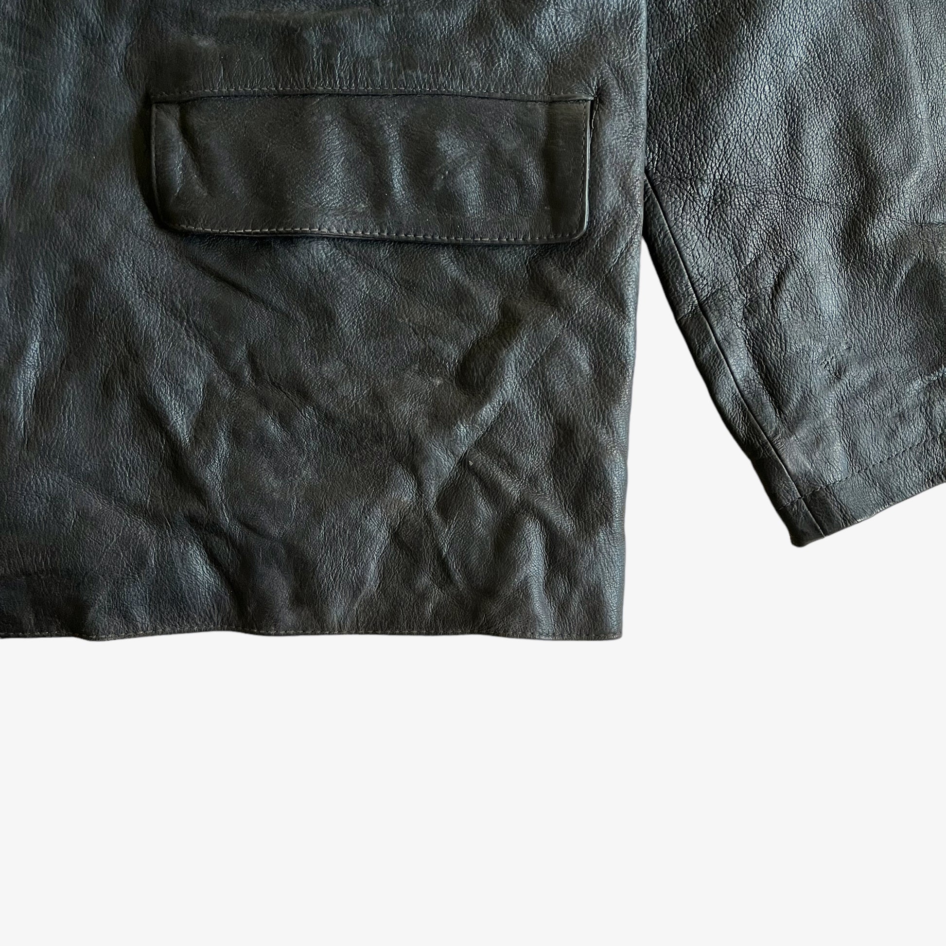 Vintage 90s Chevignon Black Leather Utility Jacket Wear - Casspios Dream