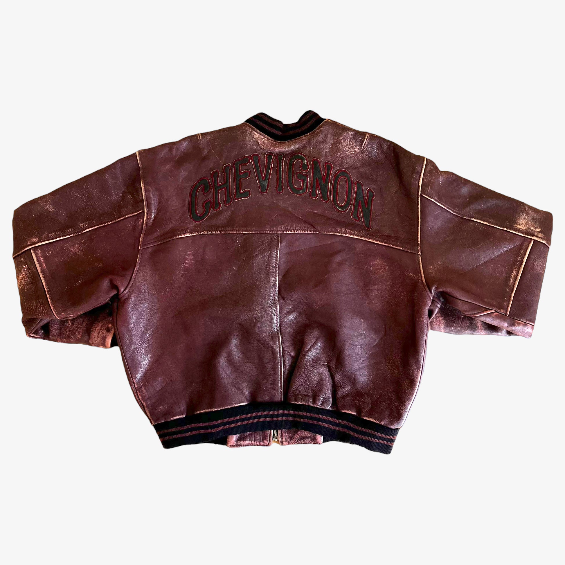 Vintage 90s Chevignon Burgundy Leather Jacket With Back Spell Out Back - Casspios Dream