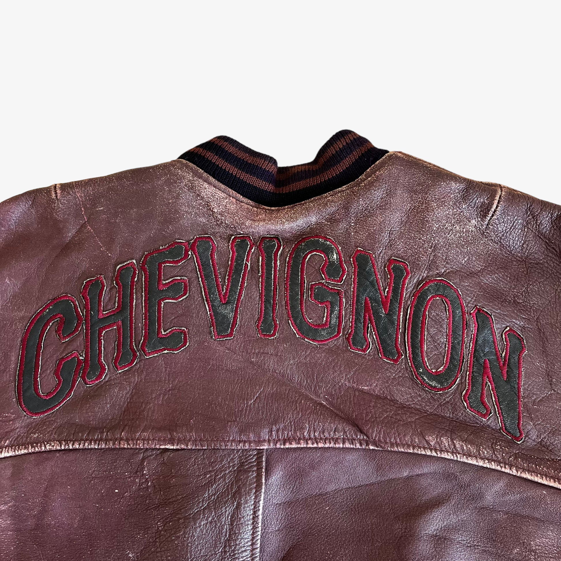 Vintage 90s Chevignon Burgundy Leather Jacket With Back Spell Out Logo - Casspios Dream