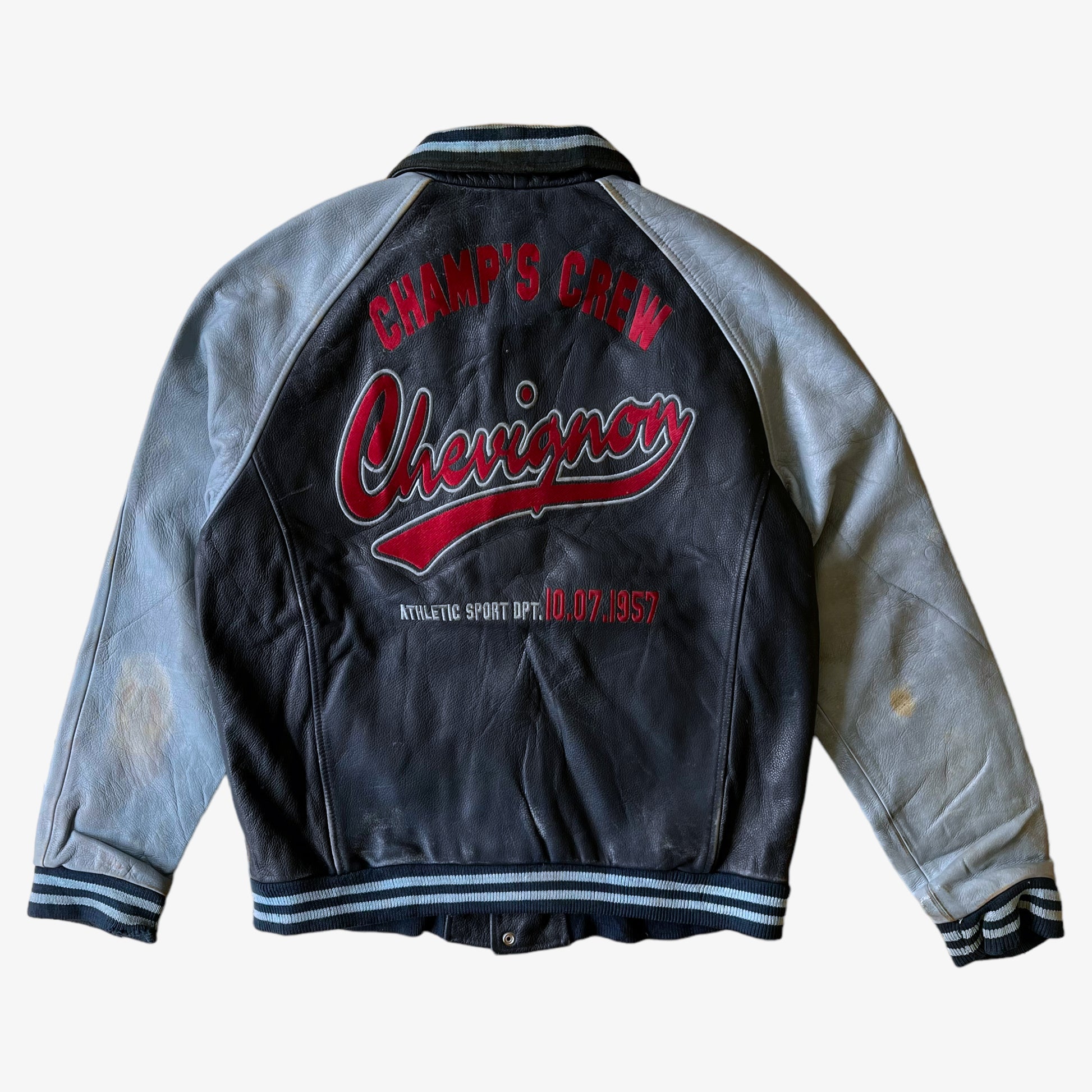 Vintage 90s Chevignon Champs Crew Blue Leather Varsity Jacket - Casspios Dream