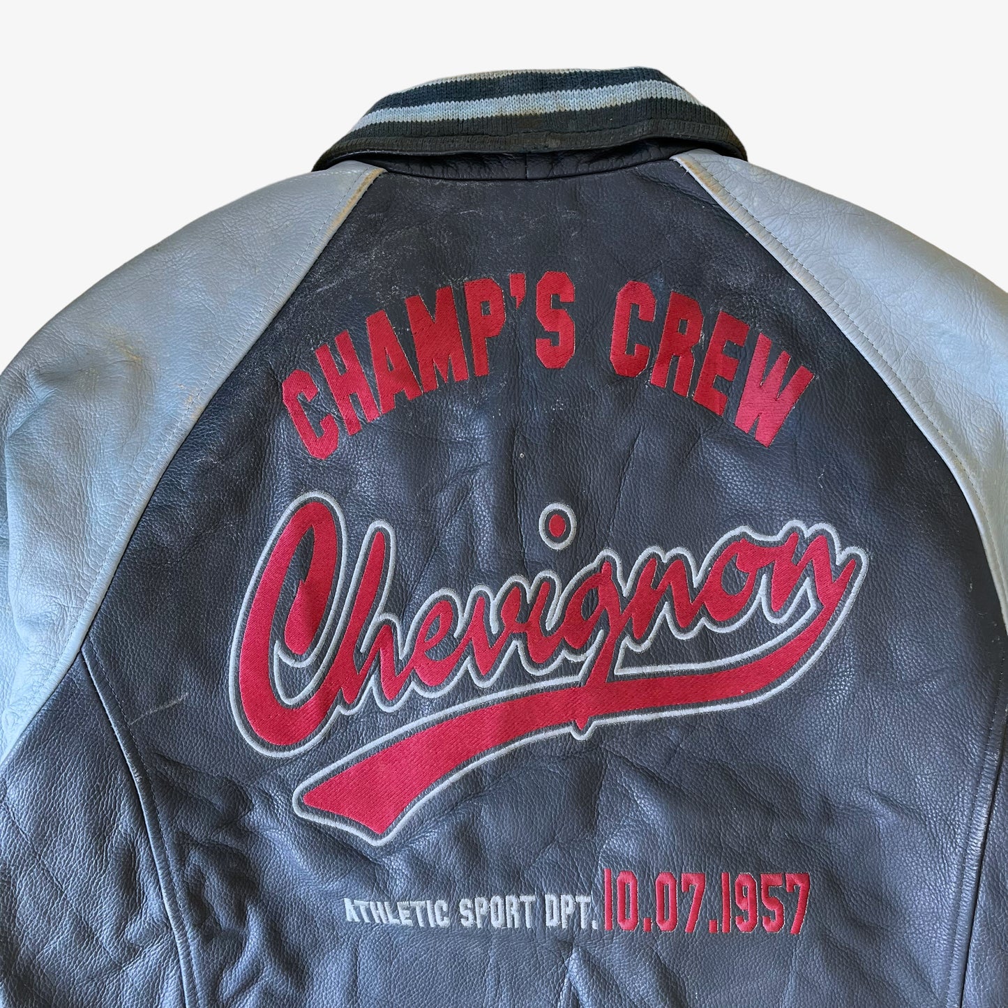 Vintage 90s Chevignon Champs Crew Blue Leather Varsity Jacket Back Logo - Casspios Dream