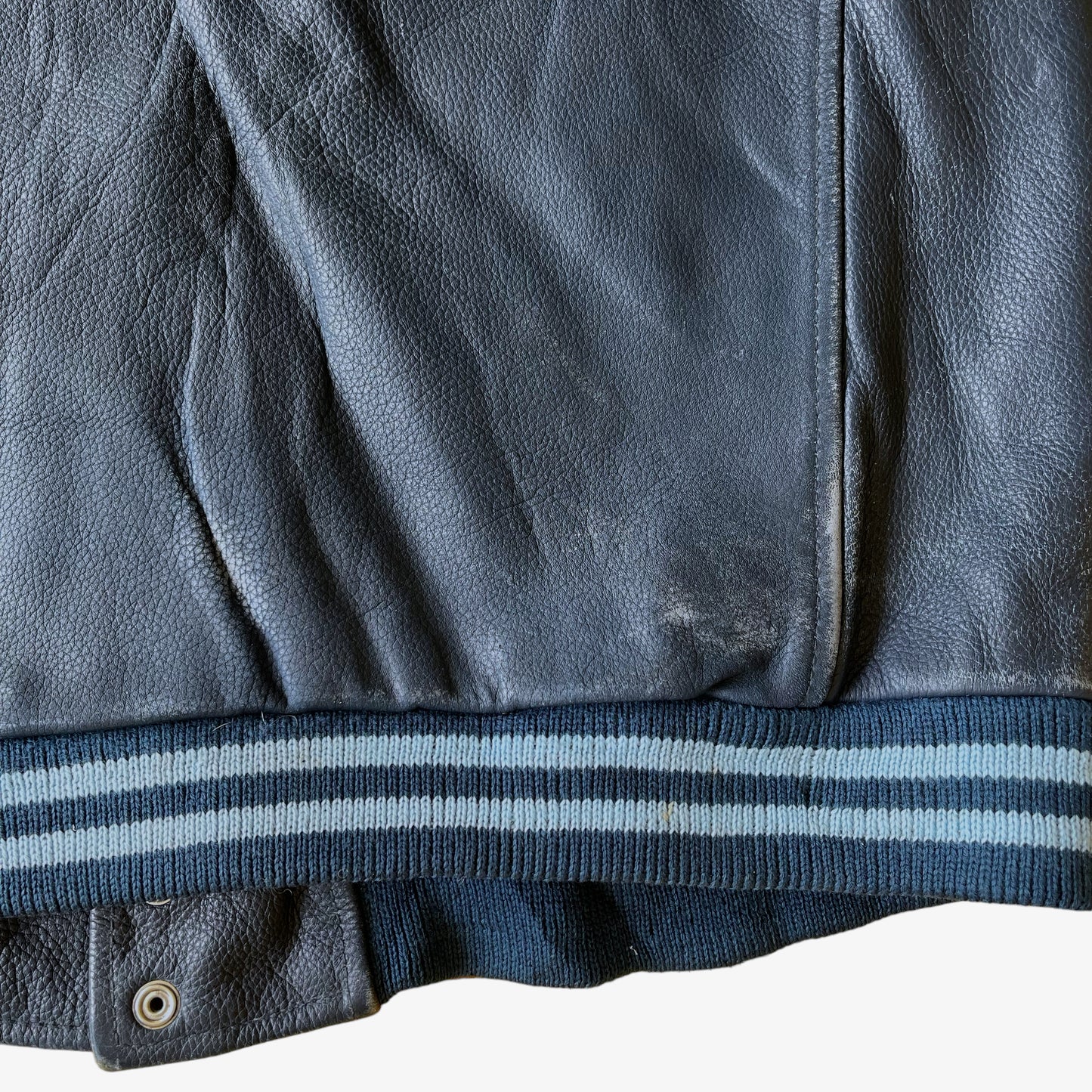 Vintage 90s Chevignon Champs Crew Blue Leather Varsity Jacket Bottom - Casspios Dream