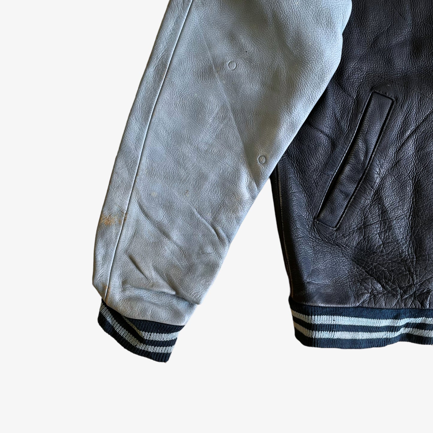 Vintage 90s Chevignon Champs Crew Blue Leather Varsity Jacket Cuff - Casspios Dream