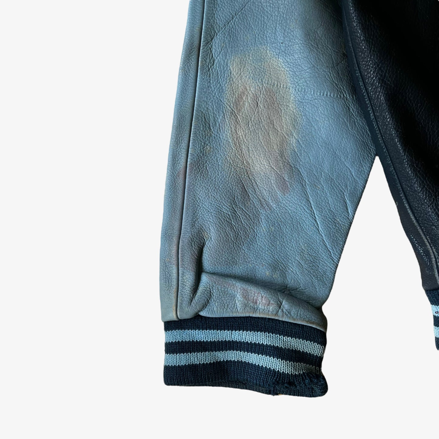 Vintage 90s Chevignon Champs Crew Blue Leather Varsity Jacket Fading - Casspios Dream