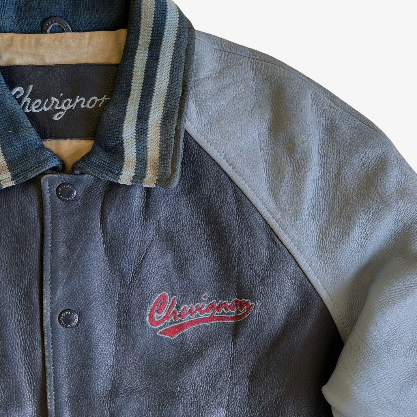 Vintage 90s Chevignon Champs Crew Blue Leather Varsity Jacket Logo - Casspios Dream